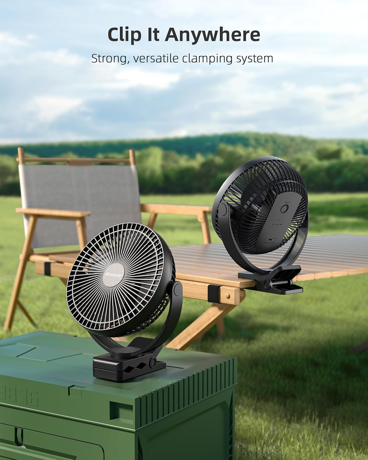Koonie 8" Clip on Fan, 10000mAh Rechargeable Battery, Strong Airflow | 4 Speeds, Sturdy Clamp, Ideal Portable USB Desk Fan for Office, Golf Cart, Camping, Travel, Tent, Outdoor, Treadmill & Gym