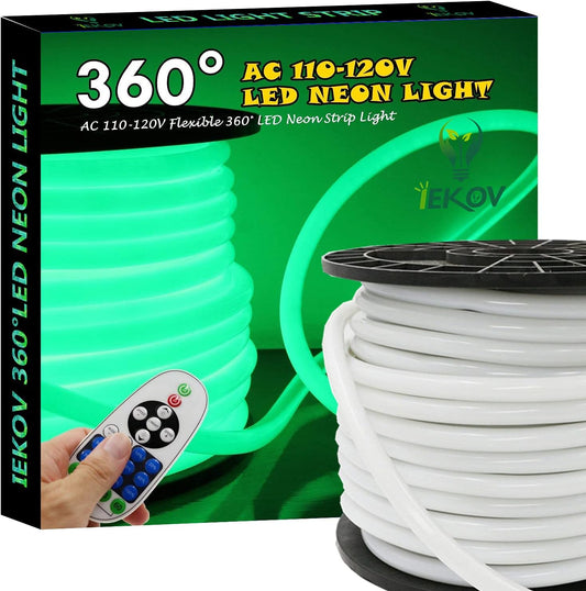 [Upgrade] 360° LED NEON Light, AC 110-120V Flexible 360 Degree LED Neon Strip Lights, Dimmable & Waterproof NEON LED Rope Light + Remote Controller for Decoration (16.4ft/5m, Green)