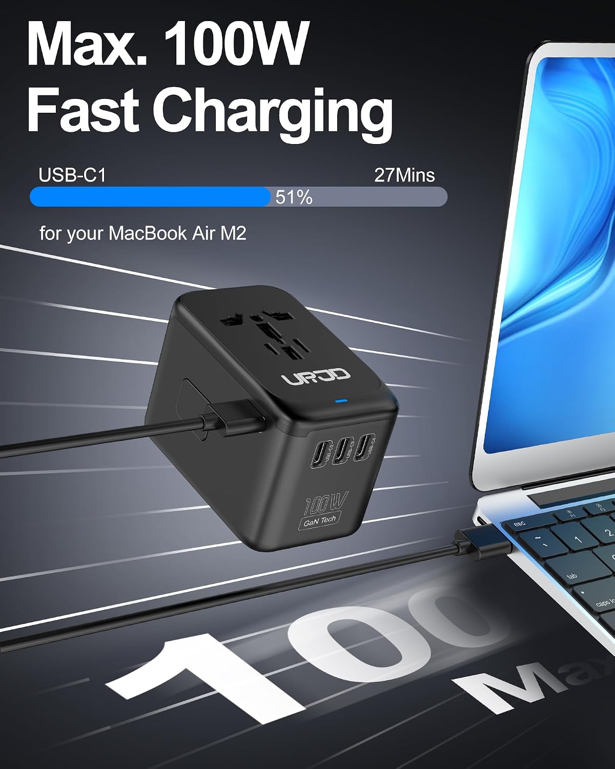 Universal Travel Adapter 100W GaN Fast Charger in One for Europe UK US | 5 USB C/A Ports + 2500W AC Outlet, For MacBook iPhone iPad Laptop Phone, International Power Adapter for 200+ Countries