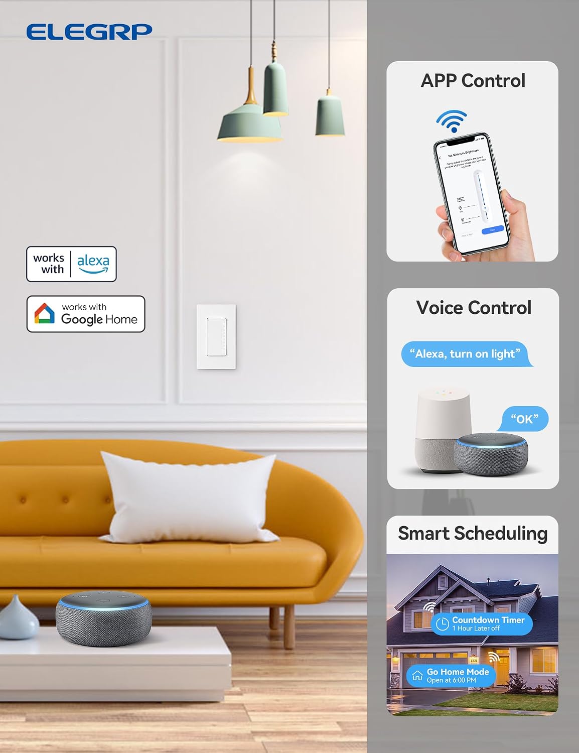 ELEGRP Smart Dimmer Light Switch DPR30, 2.4GHz Wi-Fi Dimmer Switch Compatible with Alexa and Google Assistant, Single Pole/3 Way, Needs Neutral Wire, No Hub Required, UL Listed, Matte White, 10 Pack