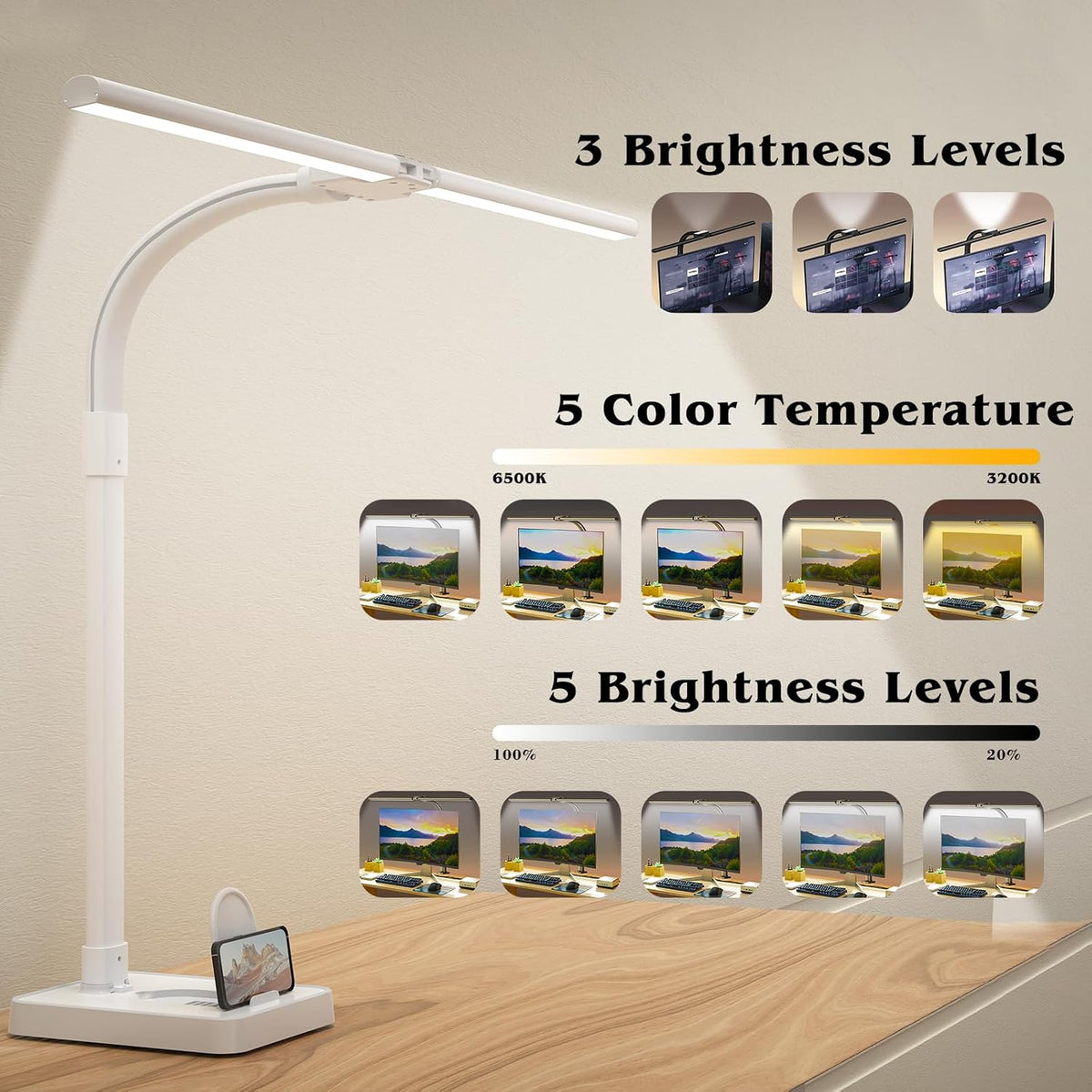 AKRRYR Led Desk Lamp for Home Office,24W Bright Eye-Caring Desk Light with Base,5 Brightness and 5 temperatures Dimmable Workbench Task Light, Adjustable Gooseneck Table Lamp for Monitor(White)