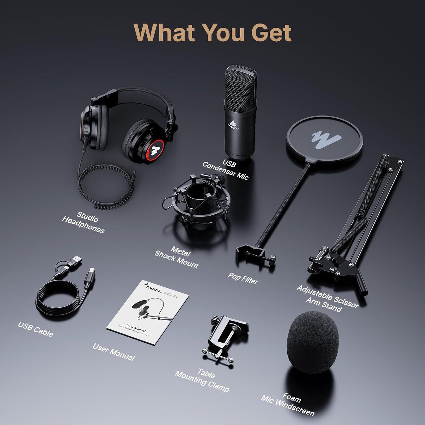 MAONO AU-A04H USB Microphone Kit with Headphones for PC, Podcast & Gaming | 192kHz/24Bit Vocal Condenser Cardioid Studio Mic Compatible with Mac & Windows for Recording, YouTube, Streaming, Voice-Over