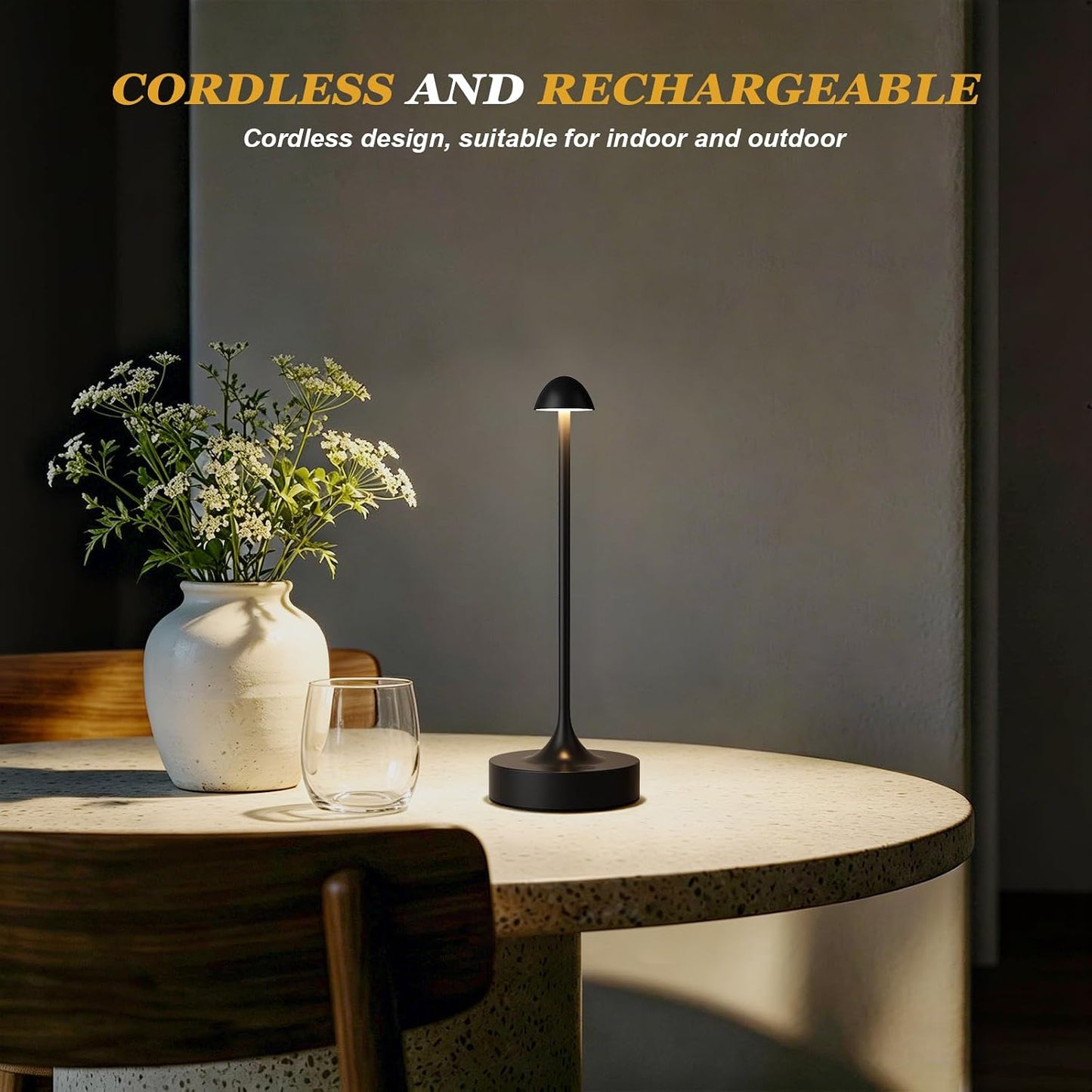 Cordless Rechargeable Table Lamp, Battery Operated Desk Lamp, Black, 2 Pack | Wireless Night Light, 3 Color Modes, Stepless Dimming, Portable LED Lighting for Dining Room, Restaurant, Bedside, Kitchen