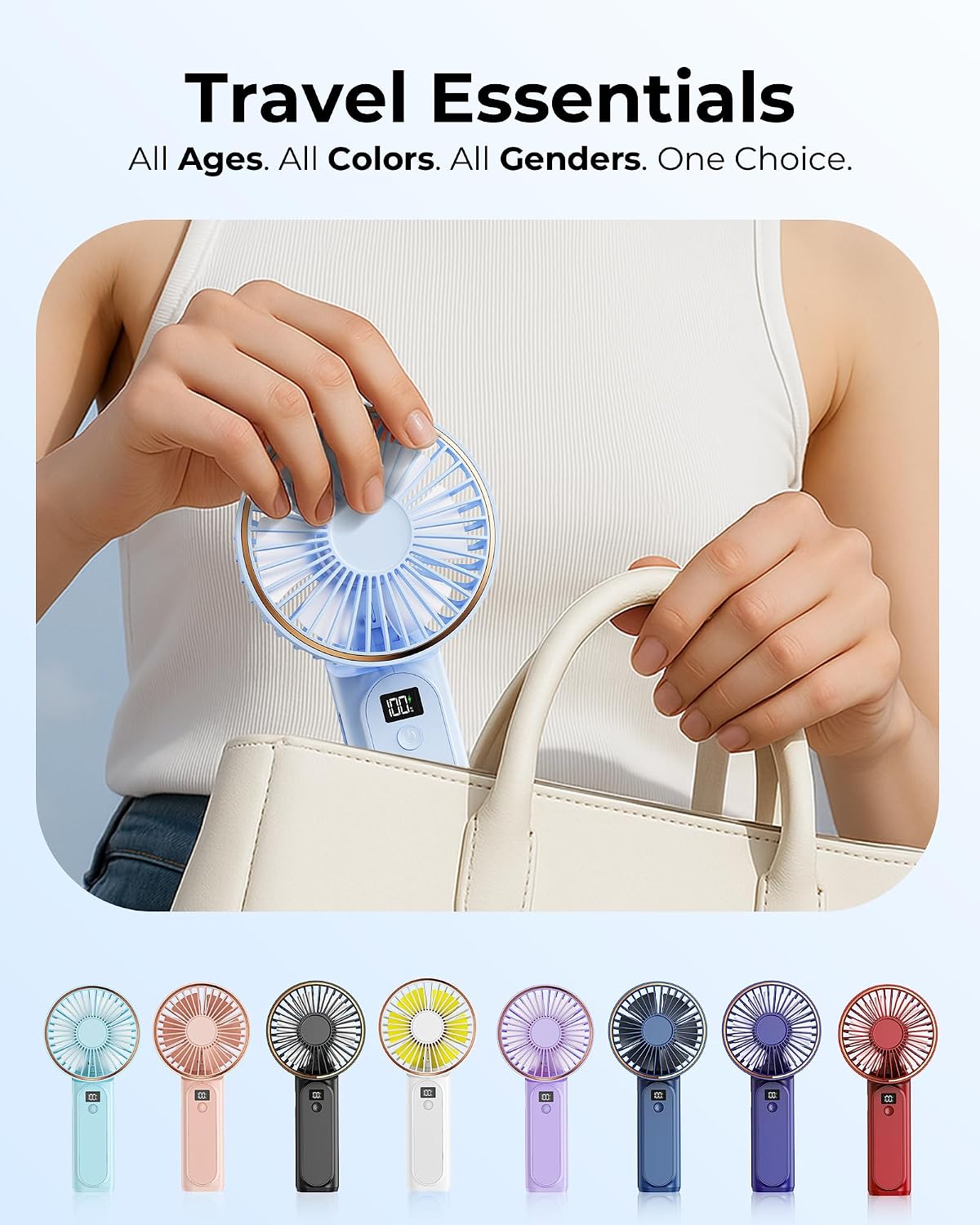 TUNISE Portable Handheld Fan, Portable Fan Rechargeable, 4000mAh, 180° Adjustable, 6 Speed Wind, Display Electricity in Real Time, USB Rechargeable Foldable Fan, Quiet Personal Fan as Power Bank