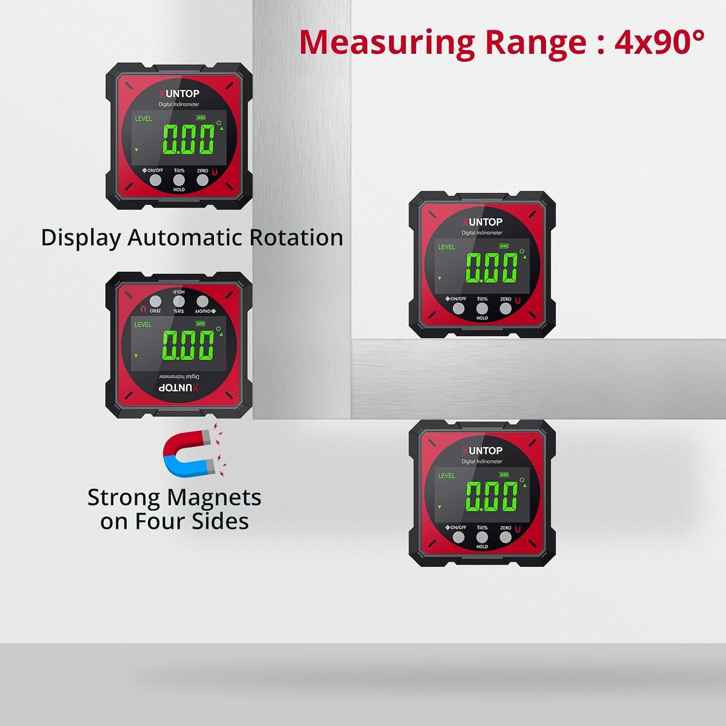 USB Charging Digital Angle Finder with Laser (Class 2, <1mW Output) | 4-side Strong Magnetic Angle Gauge IP54 Waterproof Inclinometer Level for Hanging Decorations Woodworking