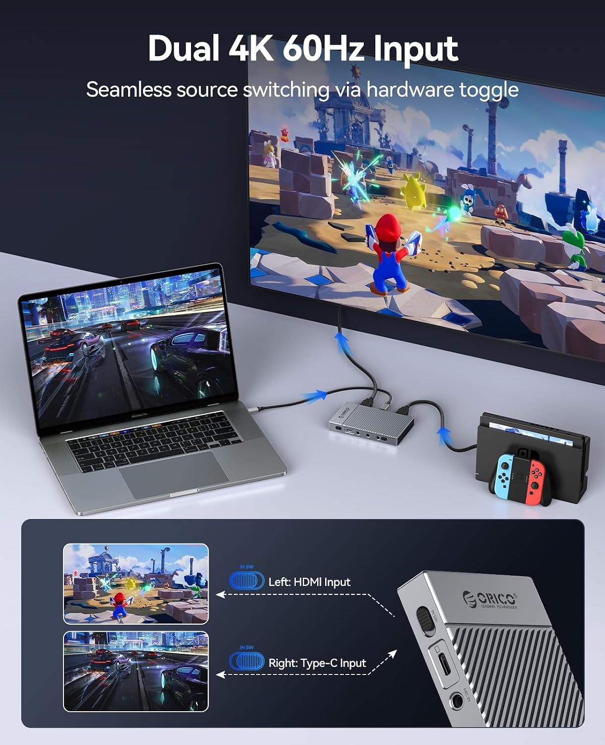 ORICO IS6 4K Portable HDMI Capture Card for Streaming, Dual 4K@60Hz Inputs, USB C Game Capture Card with Audio Ports Compatible with PS5, Xbox, Switch, OBS Recording, Works on PC, Mac, Laptop, iPad