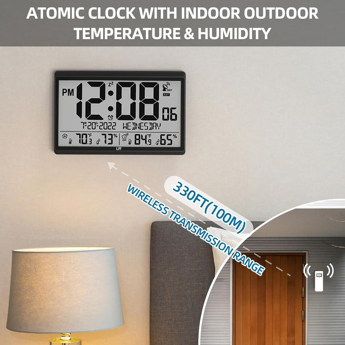 LFF Atomic Clock/Never Needs Setting, Battery Operated, Atomic Wall Clock with Indoor/Outdoor Temperature & Humidity, Wireless Outdoor Sensor, 15" Digital Wall Clock with 4.5" Numbers Easy-to-Read