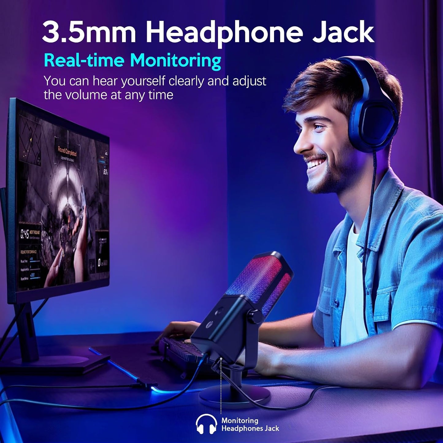 VCOM USB Microphone for PC, RGB Gaming Microphone with Mute Button, Gain Control, Monitoring Headphone 3.5mm Jack, PC Mic for Gaming, Streaming, Podcast, VoiceOver, Recording