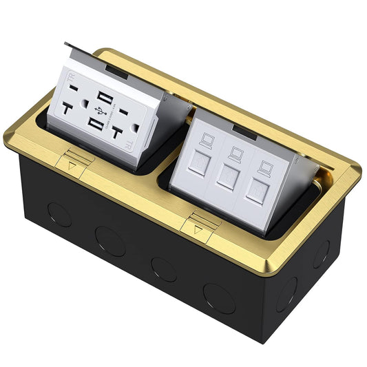 Dual Pop-Up Floor Electrical Outlet Box Kit，20 Amp Stainless Steel USB TR Receptacle Outlet，3-Port RJ45 Datacom Receptacle，Waterproof Gasket with IP44 Waterproof Rating, ETL Listed, Brass