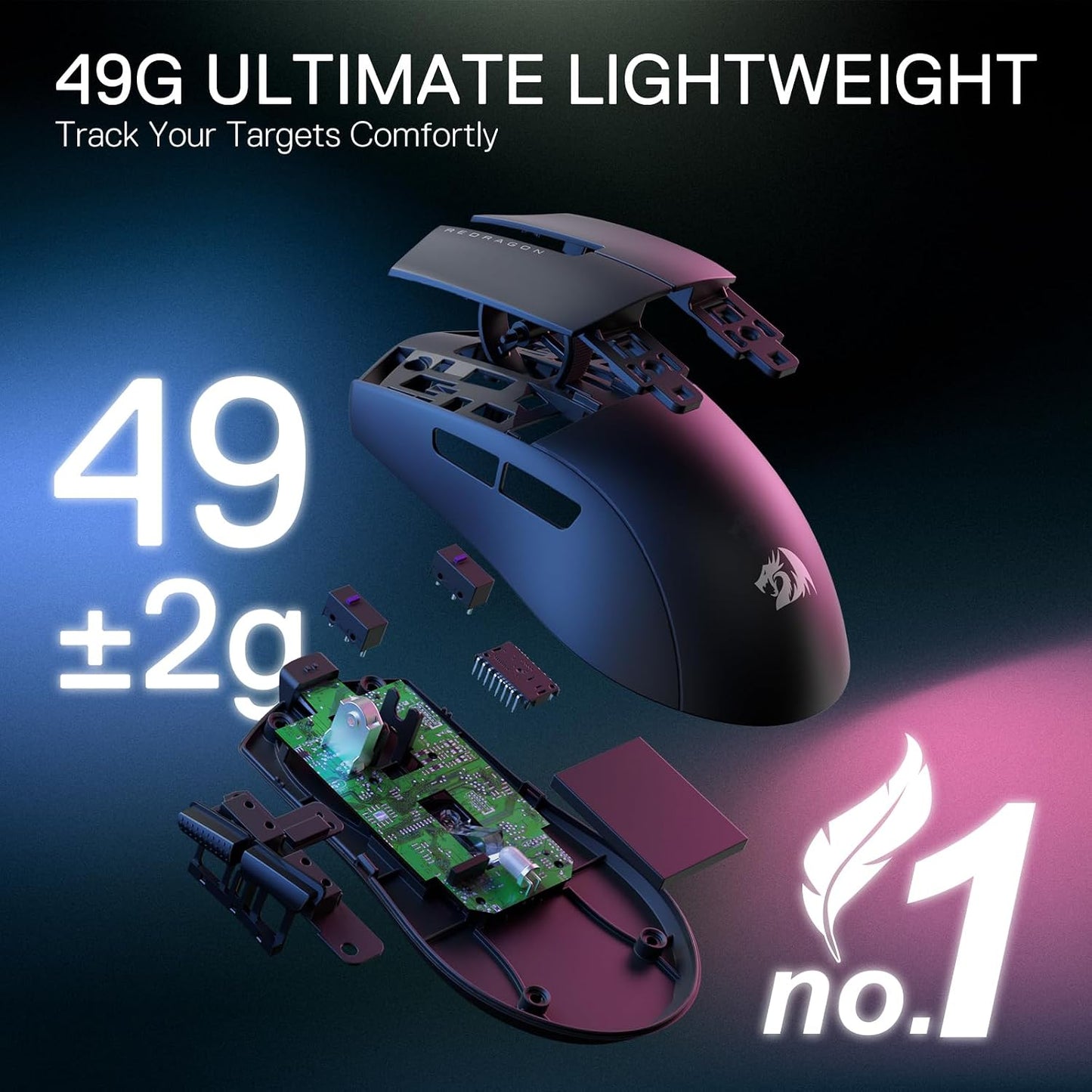 Redragon M916 Wireless 49G Ultra-Light Gaming Mouse 26K DPI Remapping Keys | 4K Polling Rate, Dedicated for FPS Gamers, Redefine Keybinding Macro, Ergonomic Grip Body Comfort