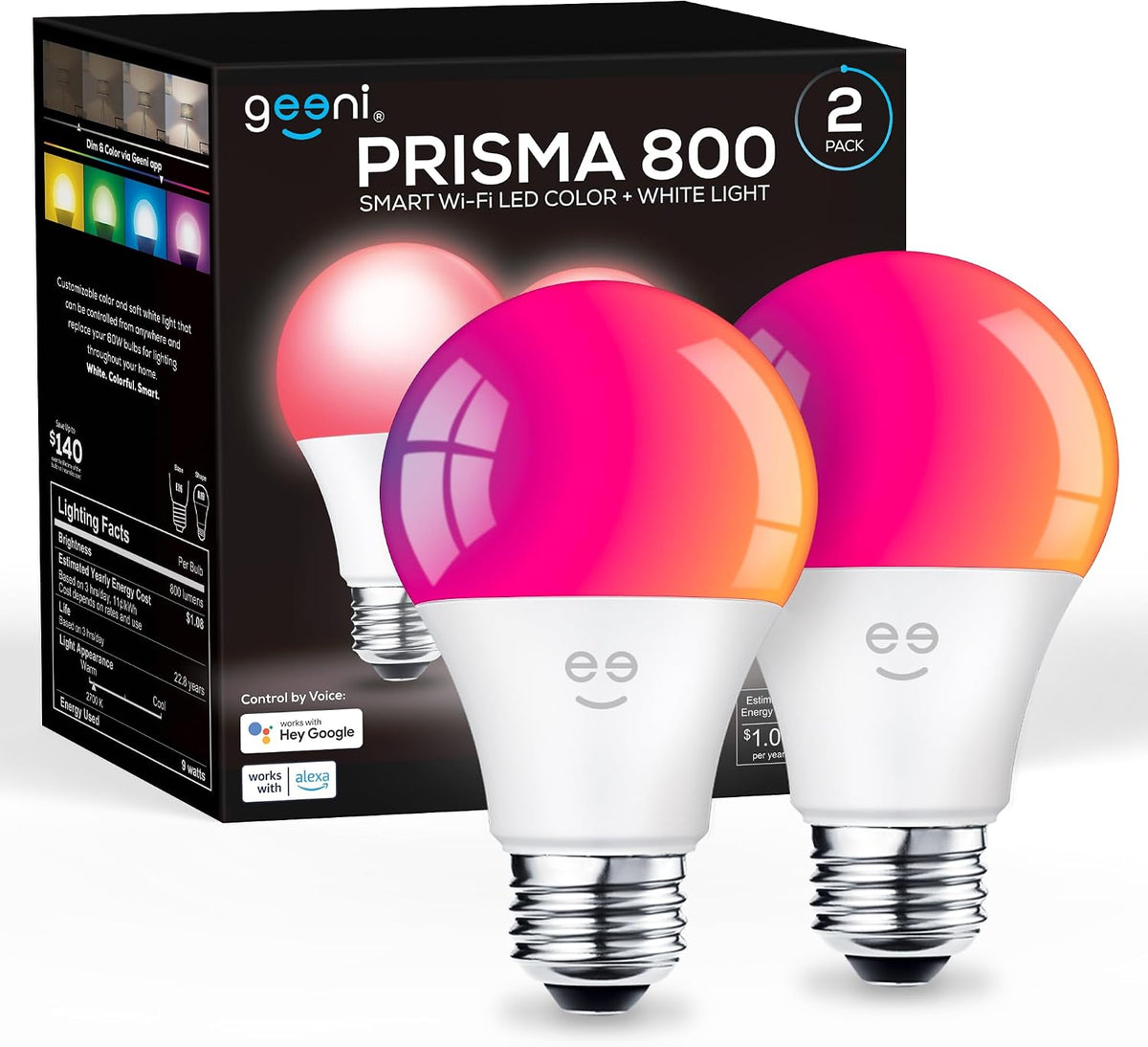Geeni Prisma Smart Light Bulbs, Color Changing RGBW LED, 2700K, 2-Pack