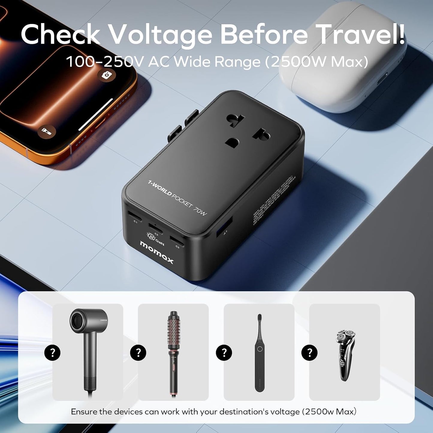 (2026 NEW) MOMAX Universal Travel Adapter, Ultra-Thin 70W GaN International Plug Adapter with 3 USB-C, 1 USB-A and AC Outlet, Works in 200+ Countries, Not a Voltage Converter, for International Travel