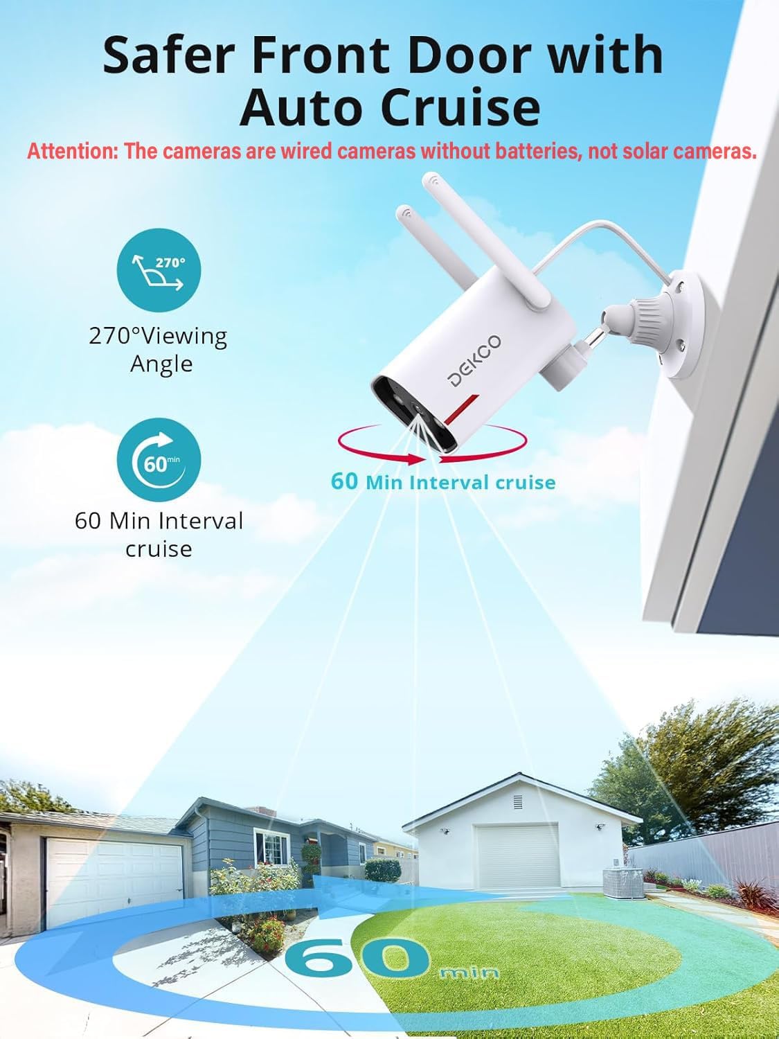DEKCO 2K Outdoor Security Cameras, Wired WiFi, 2 Pack | Color night vision, 24/7 recording, 2.4GHz WiFi, pan rotation for front door, driveway, garage, and yard