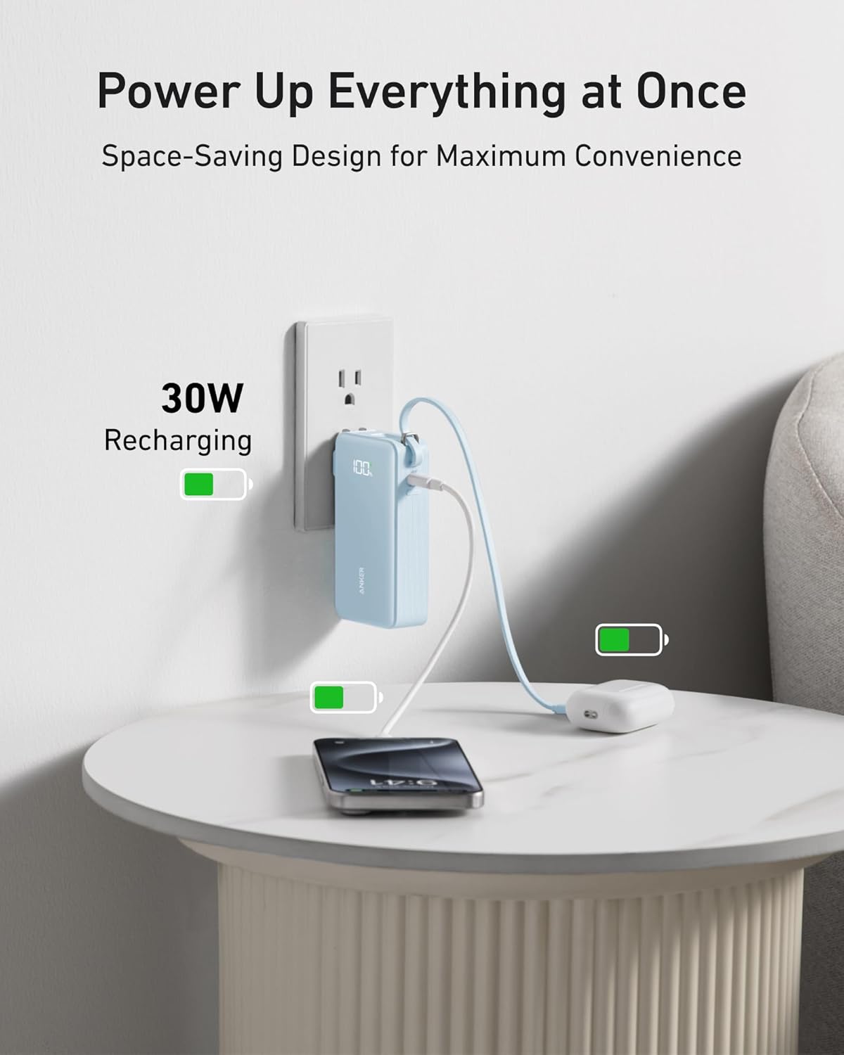 Anker Nano 3-in-1 Portable Charger,10,000mAh 30W Travel Power Bank | Battery Pack with Built-In USB-C Cable and Foldable Wall Plug, for iPhone 17 / 16 / 15 Series (Black)