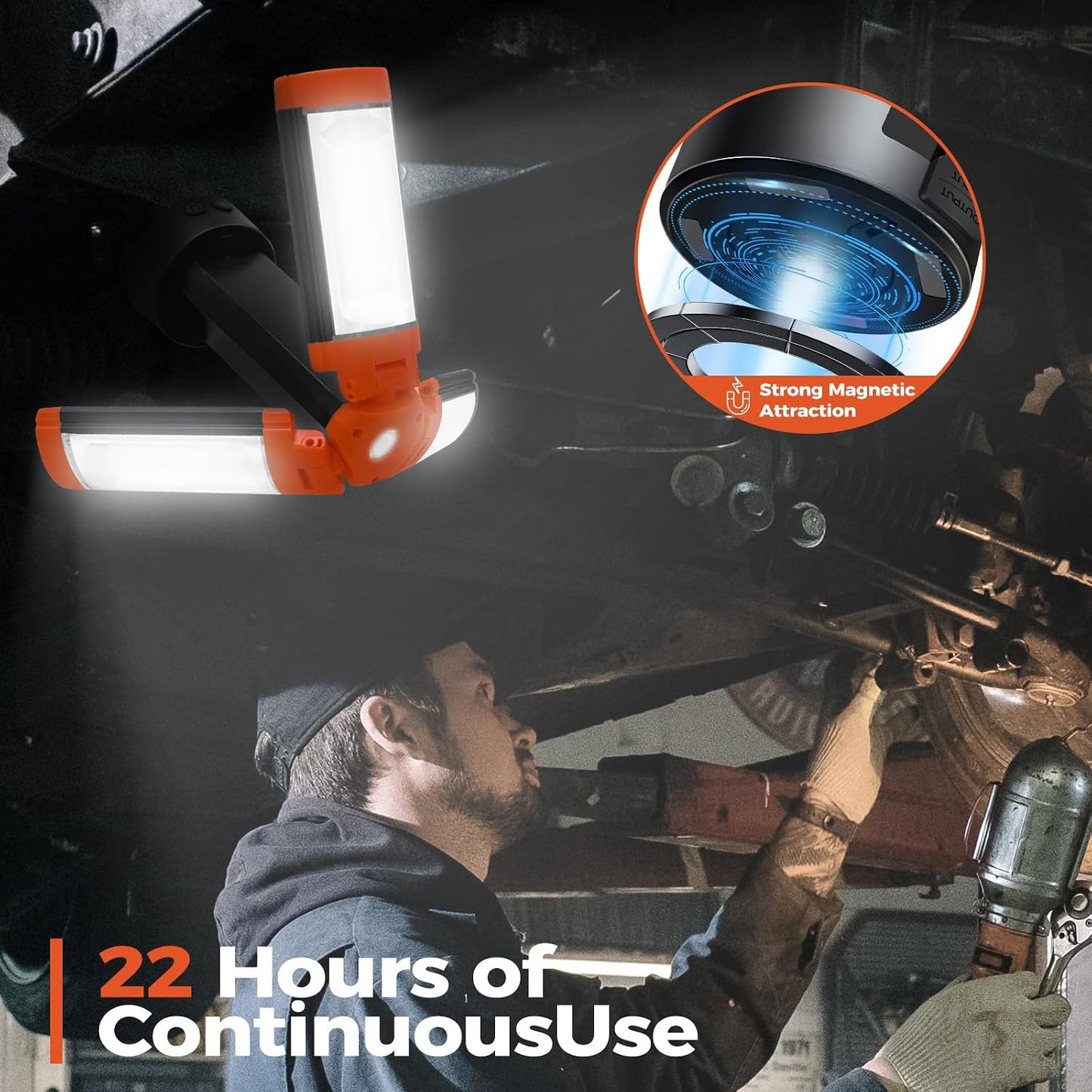 Rechargeable 12000mAh Camping Light with Adjustable Stand | Cordless Work Light with 3 LED Lamp Heads, 2200 Lumens Dimmable Magnetic Emergency Flashlight with Detachable Tripod, Orange