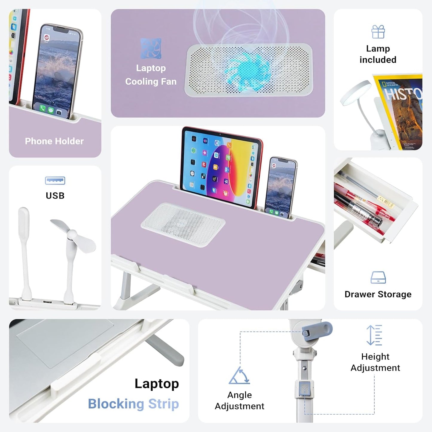 iXTRA Adjustable Laptop Lap Desk with Cooling Fan USB Light for Adults 60x40cm,Purple