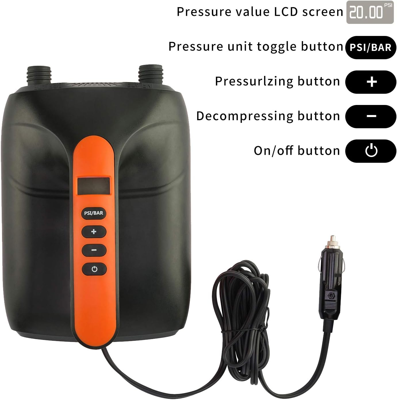 20PSI High Pressure SUP Electric Air Pump,Dual Stage Inflation Paddle Board Pump for Inflatable Stand Up Paddle Boards, Boats,Kayak,12V DC Car Connector