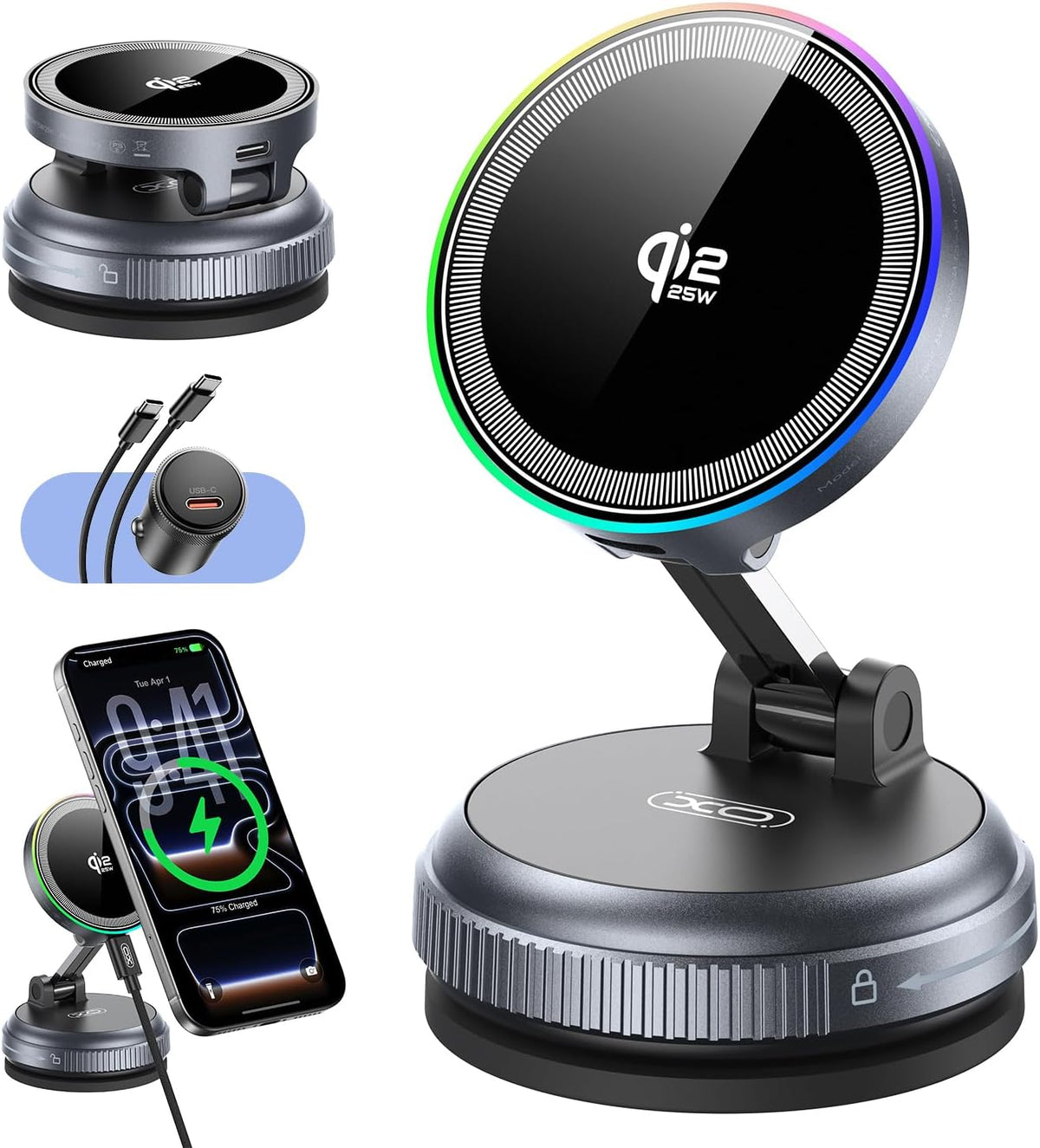 Qi2.2 Magnetic Car Mount Charger,25W Fast Wireless Charging Stand with RGB Light,360° Rotating Suction Phone Holder for Your Car,Compatible with iPhone 12-17,S26/S25