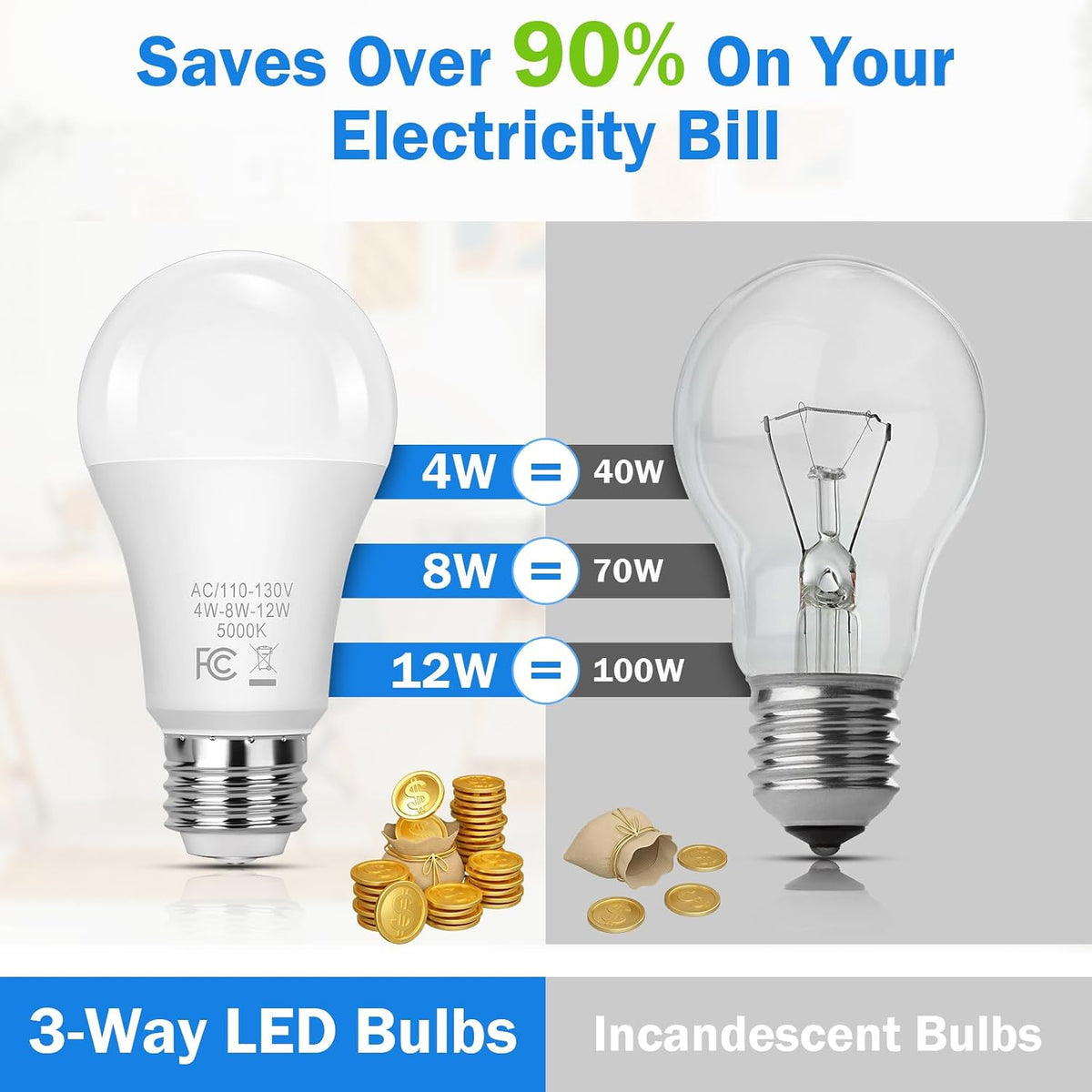 3 Way Light Bulbs 40 70 100W Equivalent, 4/8/12W Three Way LED Light Bulbs