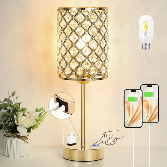Hong-in Gold Lamps for Night Stands, Crystal Table Lamp with Touch Control | 3-Way Dimmable, USB-C+A & AC Outlet, Desk Lamp for Bedside, Nightstand, Living Room, Home Office, Bulbs Included