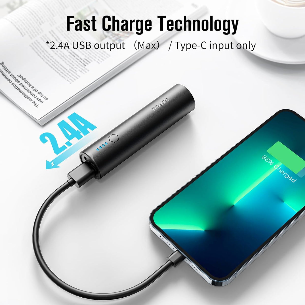 SIXTHGU Portable Charger 5000mAh, Mini Power Bank 2-Pack for iPhone | Pocket-Size Cylindrical Design, 15W Fast Charging USB-C In&Out, LED Flashlight, for Travel & Daily Commute, TSA-Friendly