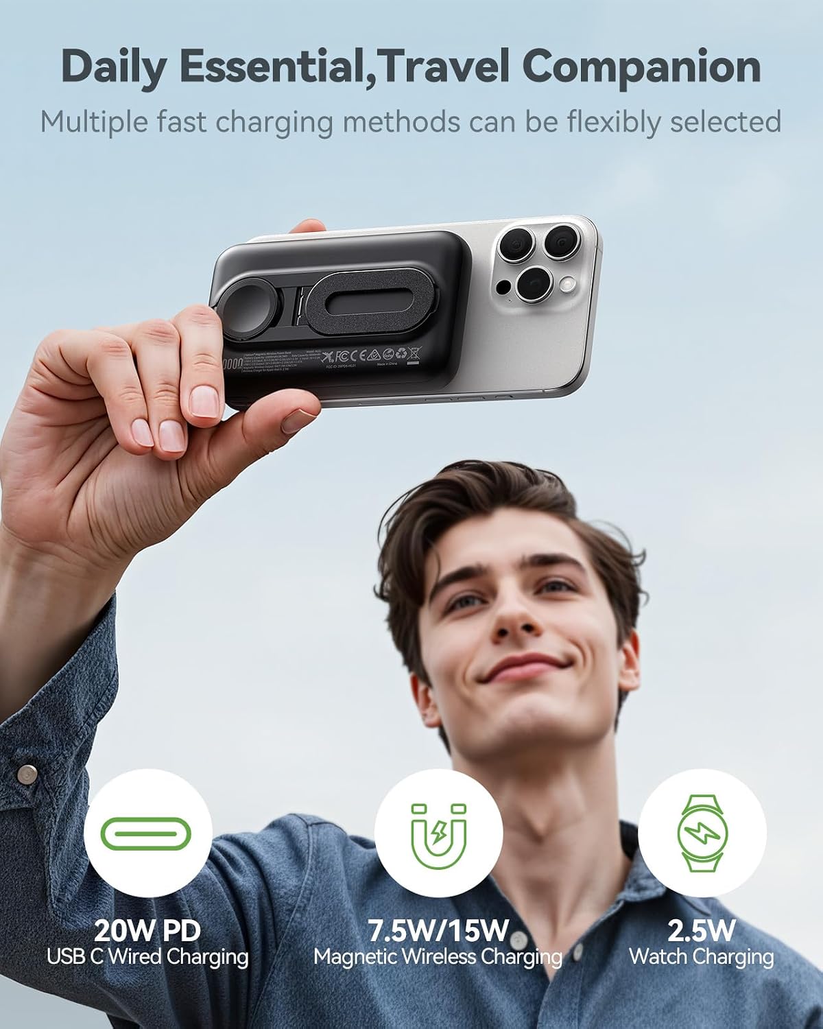 Magnetic Portable Charger for iPhone &amp; Apple Watch, 10000mAh Wireless Power Bank USB-C Fast Charging with Stand for iPhone Air/17/16/15/14/13 Series &amp; iWatch, Travel Essential for Magsafe Battery Pack