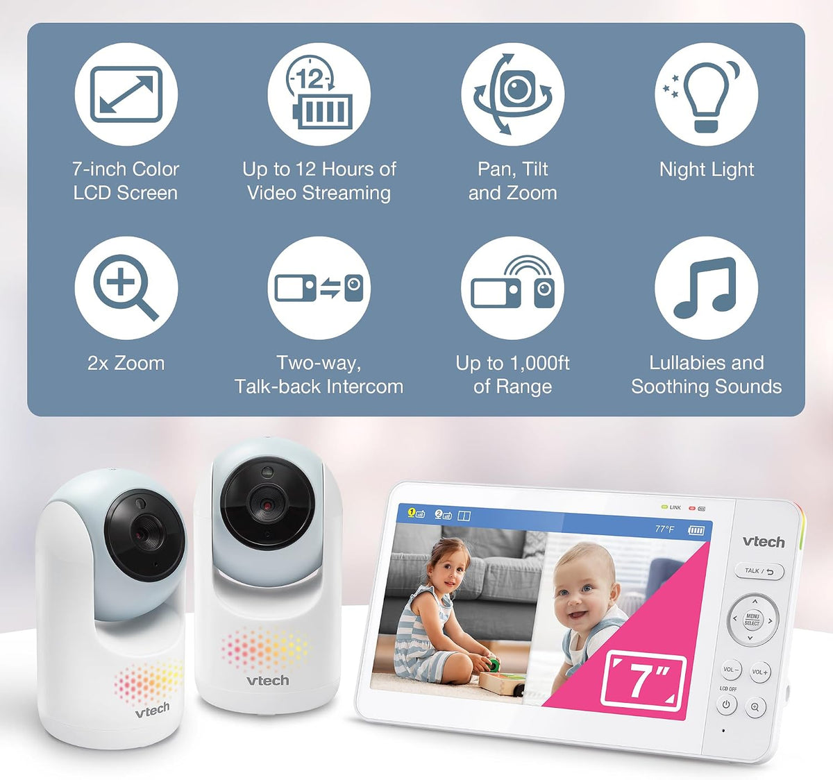 VTech Baby Monitor No WiFi, 2 Cameras, 7" Split IPS Screen, 5000mAh 12Hr Battery, 360° Pan Tilt Zoom, Night Vision, Night Light| Advanced Max Twin Blue