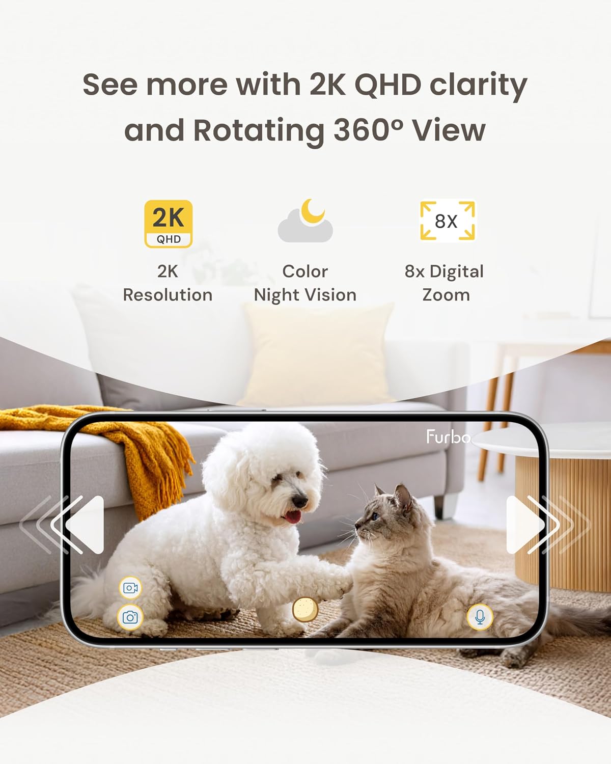 Furbo Mini 360° 2K QHD Pet Camera: Basic See, Talk & Toss Features, No AI Alerts, No Subscription Required, Dog & Cat Rotating Treat Dispenser w/Phone App, Smart Indoor Cam, 2-Way Audio & Night Vision