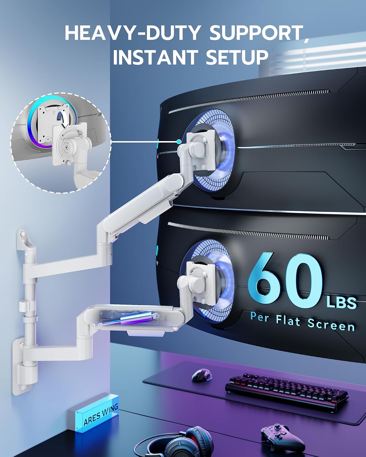 ARES WING Dual Monitor Wall Mount for 24-57 Inch Ultrawide Screen, White