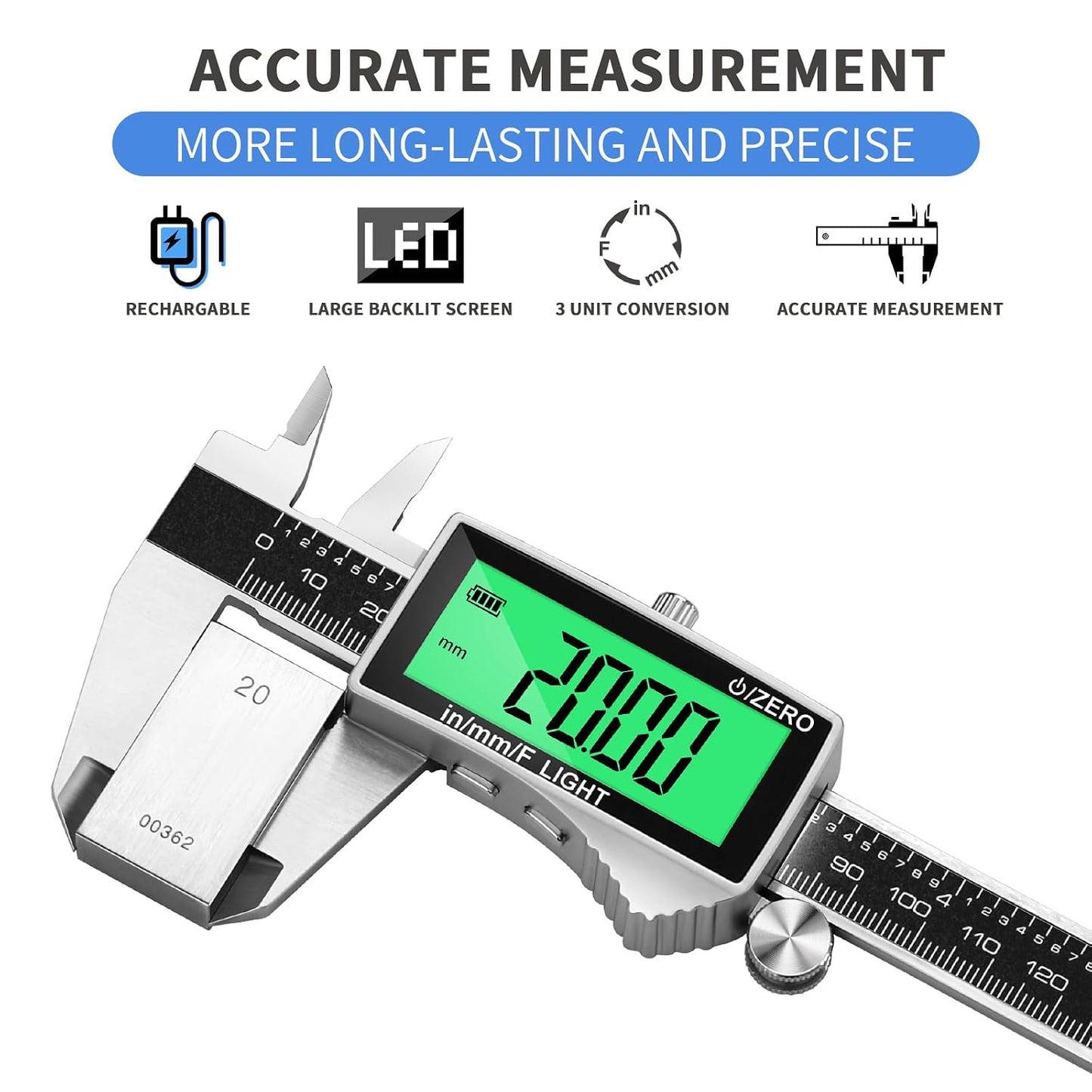 Digital Caliper, Rechargeable Calipers Measuring Tool with Large LCD Backlight Screen, 6 Inch Stainless Steel Vernier Micrometer, Auto-Off, Easy Switch from Inch Metric Fraction for DIY/Household