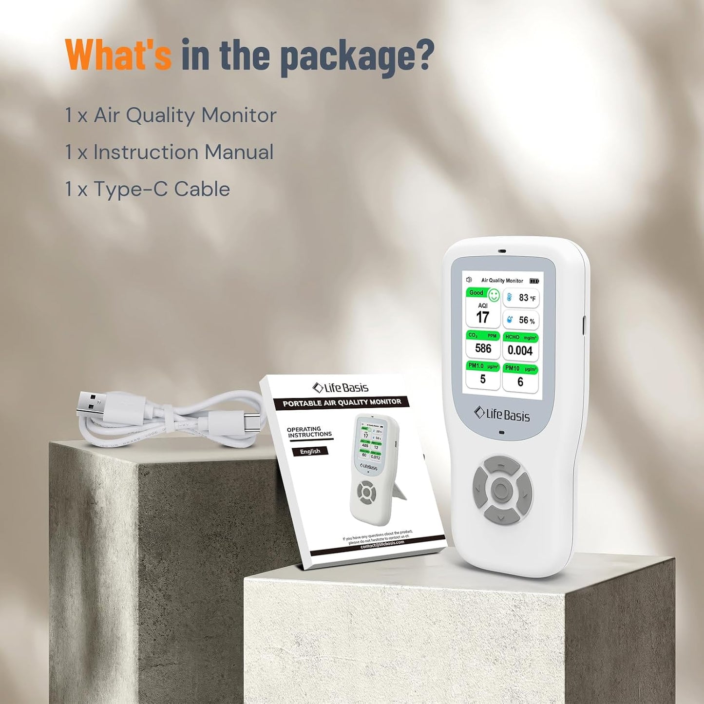 LifeBasis Air Quality Monitor Indoor, 11-in-1 Air Quality Detector with Stand, Air Meter Test AQI, PM1.0, PM2.5, PM10, CO2, TVOC, HCHO, Particles, Temperature and Humidity with Alert
