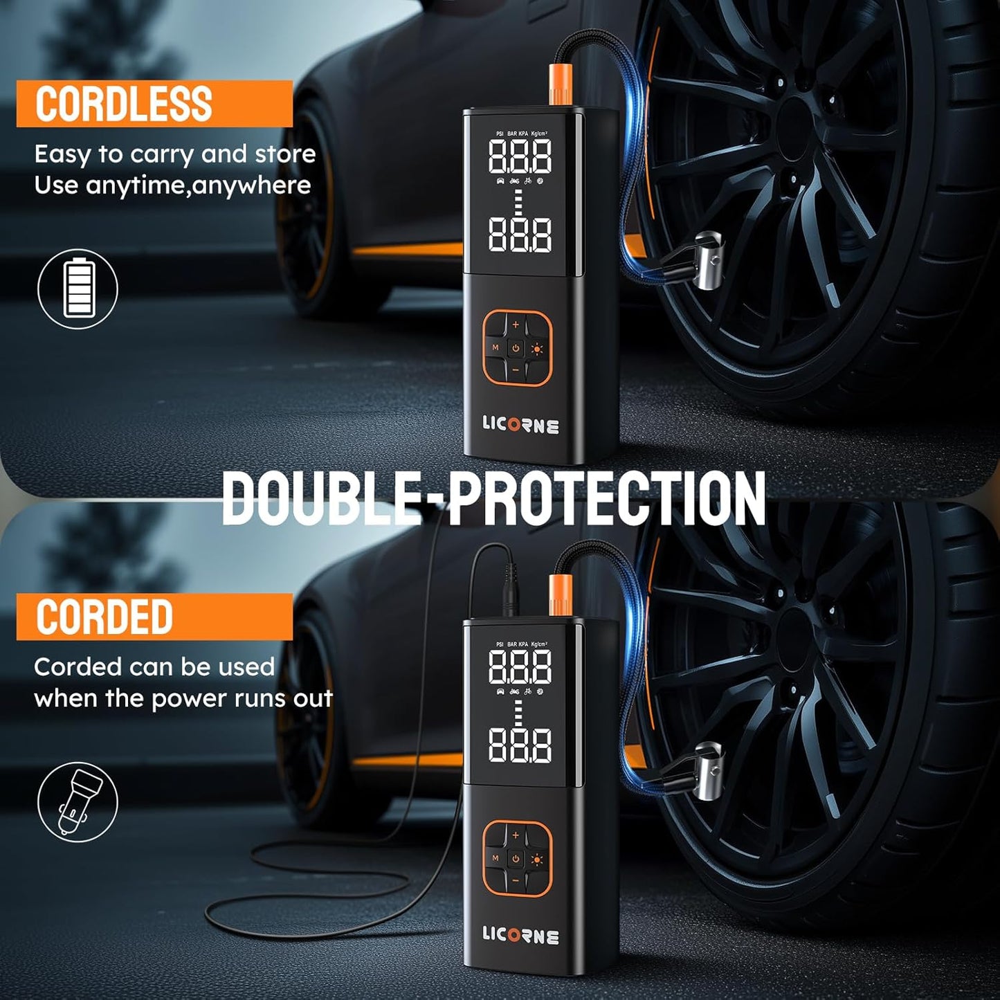 LICORNE Tire Inflator 5X 180 PSI Cordless inflator with Digital Pressure | 5X faster, 7800mAh battery, digital gauge, auto shut-off, 4 modes for car/bike/motorcycle/ball, USB-C power bank, LED light