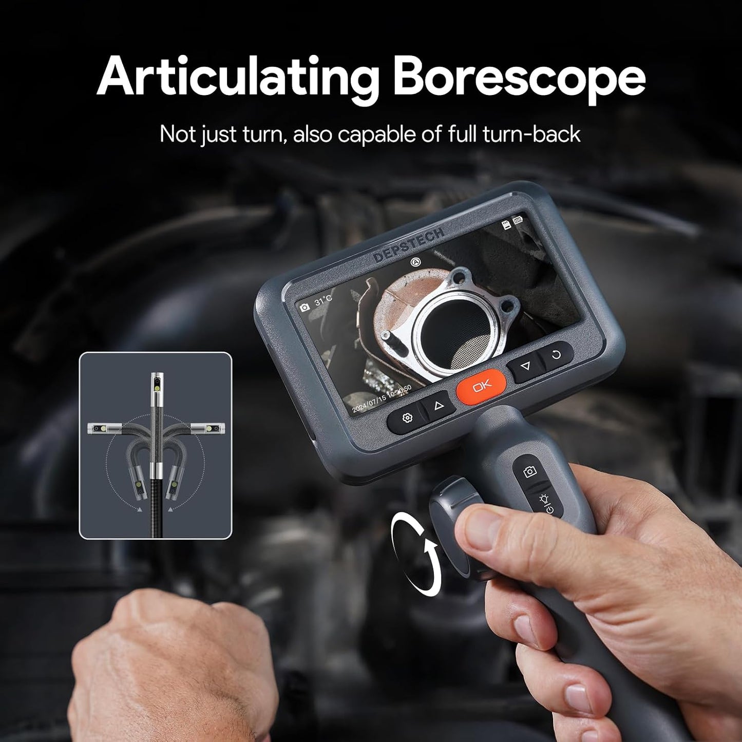 DEPSTECH 10FT Articulating Borescope, Dual Lens Endoscope Camera with Light | 1080P Inspection Video Camera, 4.5" IPS Split Screen, Waterproof, Semi-Rigid Gooseneck Cable, for Automotive, HVAC, Mechanic