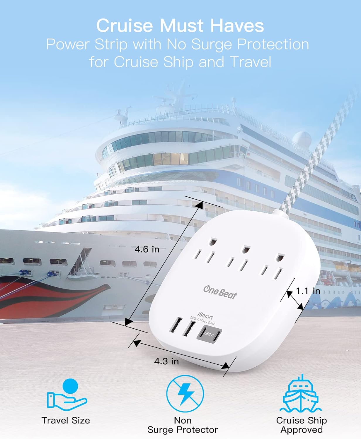 Travel Essentials, 22.5W/4.5A Flat Plug Power Strip, 6 Ft Extension Cord | 3 Outlets 4 USB Ports(2 USB C) Desktop Charging Station, Power Strip No Surge Protection for Cruise Ship, Dorm Room