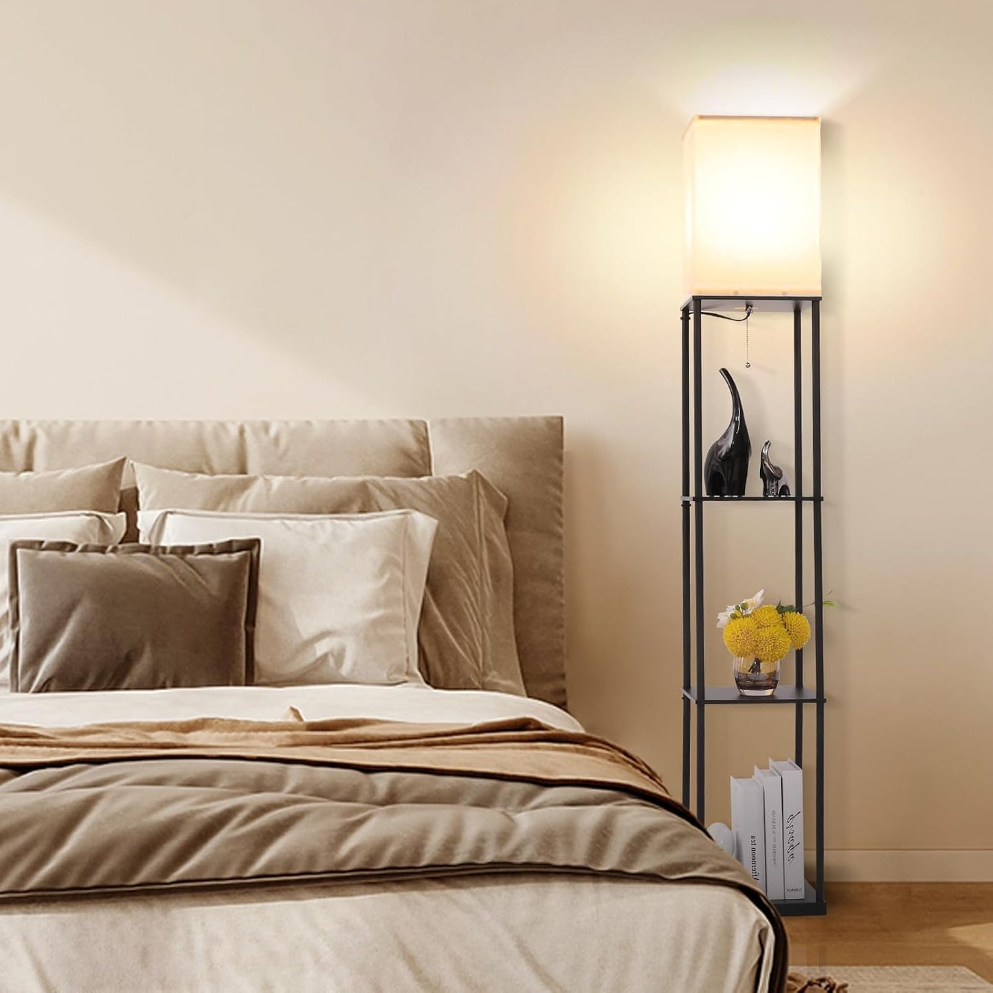 Gupuzm Floor Lamp with Shelves, Modern Square Standing Lamp with 3 Color Temperature Bulb, Corner Display Bookshelf Lamp for Living Room, Bedroom and Office (Black-2 Pack)