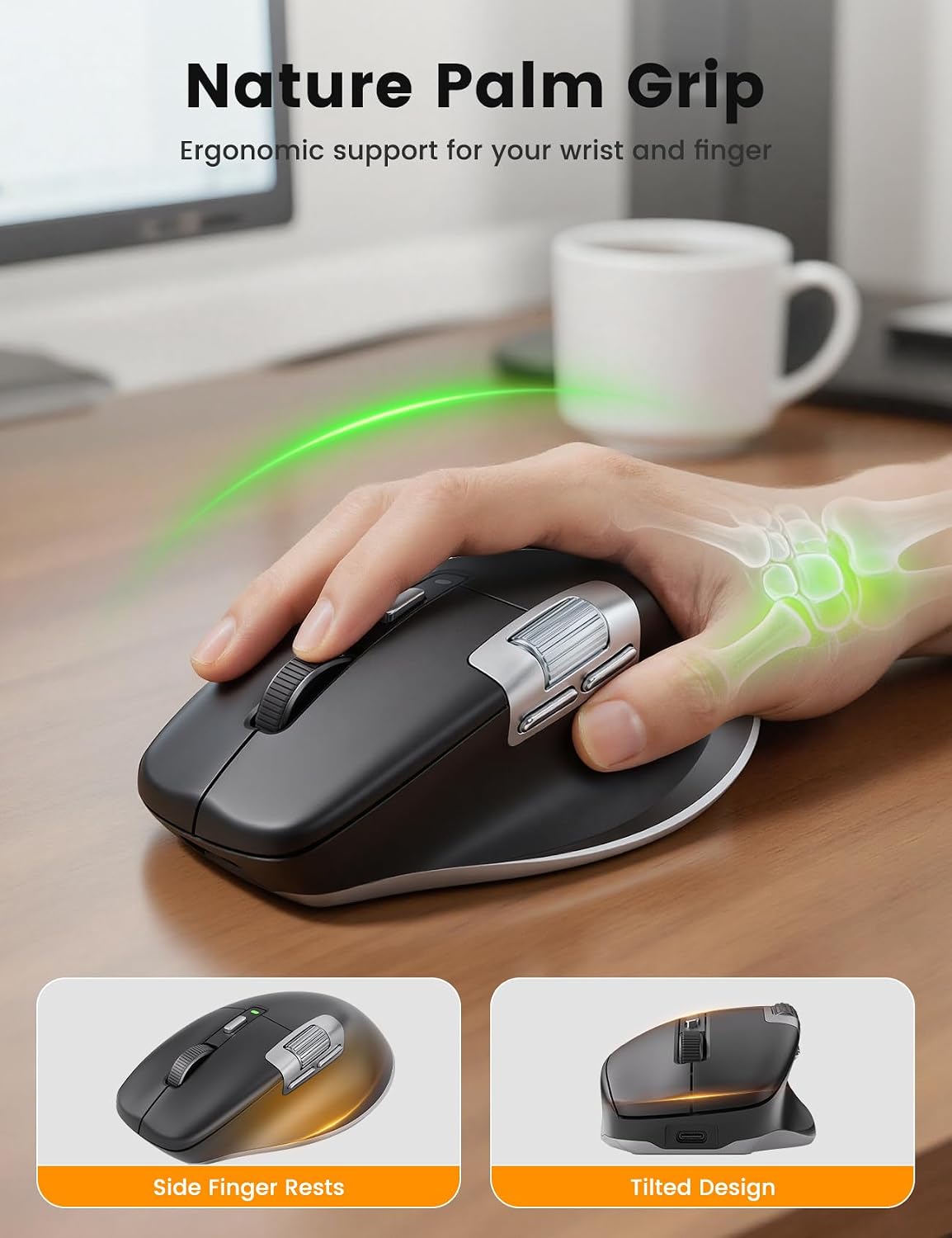SABLUTE Wireless Mouse for Laptop (2.4G+2BT+Wired),Ergonomic Optical Mice | 800mAH Rechargeable, Ultra-Fast Scrolling, Side Scroll, Quiet Clicks, 8K DPI, 5 Programmable Buttons, Work with Win/Mac- MAM6