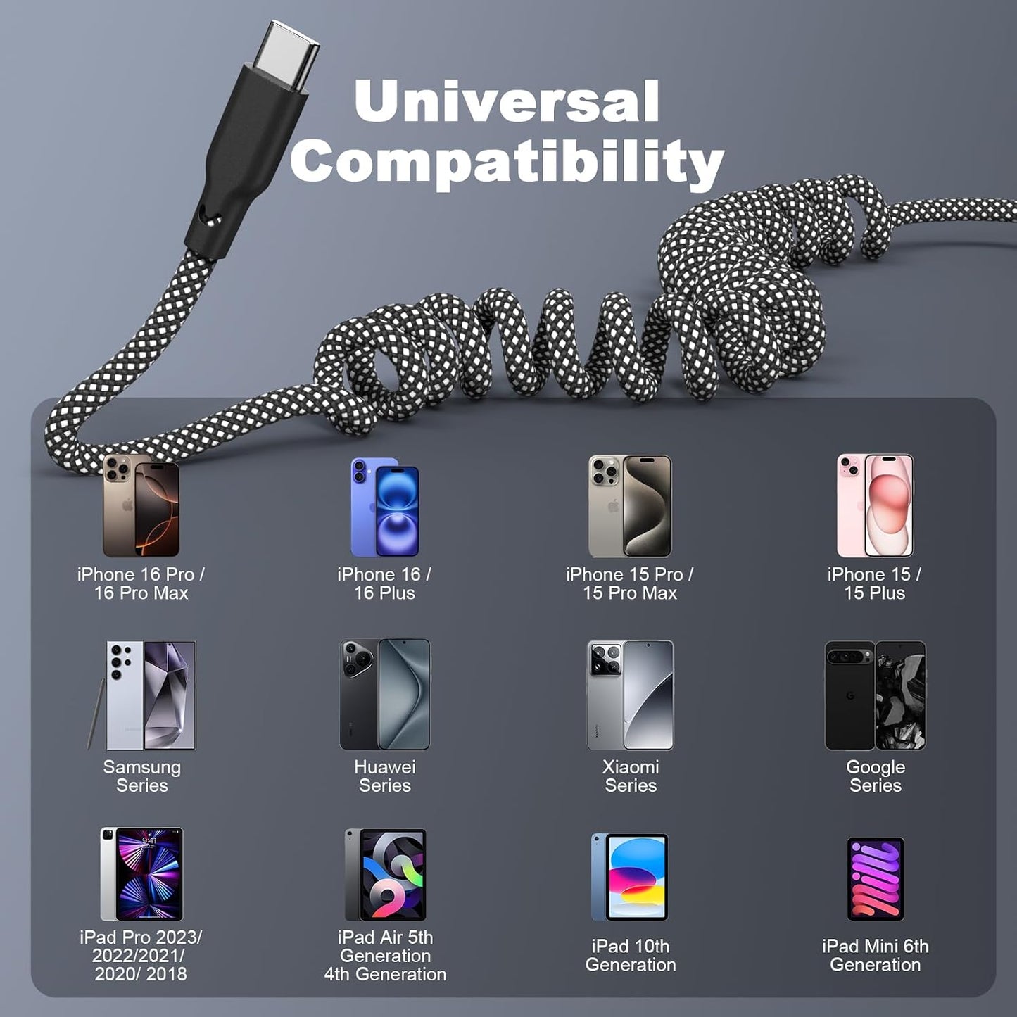 Coiled Carplay Car Charger Fast Charging, USB A to USB C Cable 2 Pack | Type C Charger Cord for iPhone 17/17 Air/16/15/Plus/Pro Max/Samsung/Android, Retractable Braided Nylon, 3ft, Grey