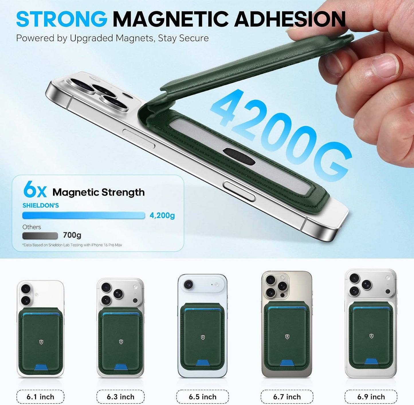 SHIELDON Genuine Leather Magnetic Wallet Stand for MagSafe, Evergreen | Strong Magnetic, 6 Card Holders, Kickstand, Rfid Blocking, Quick-access, ID Window, for iPhone 17/16/15/14/13/12 Series