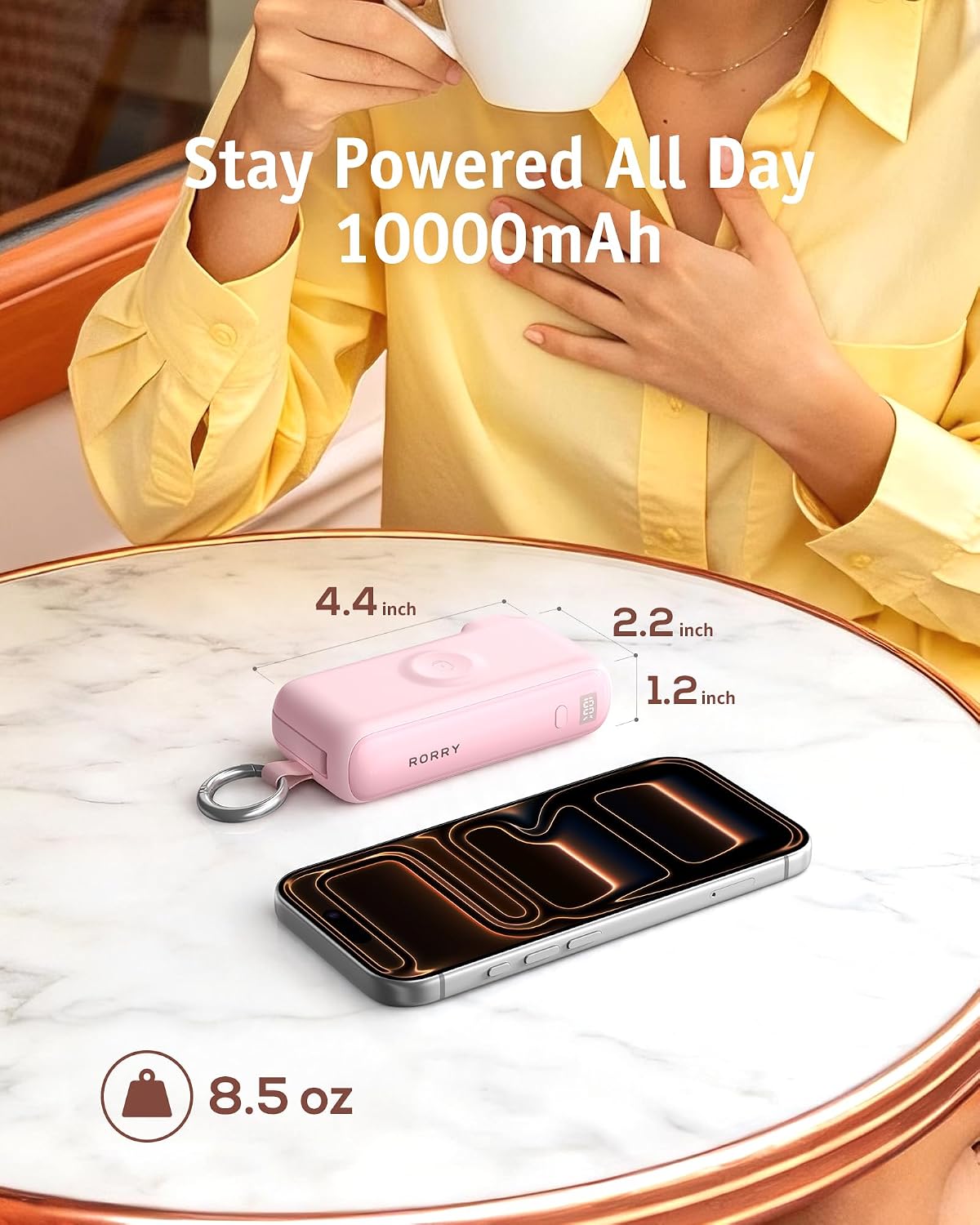 RORRY Flow Portable Charger 10000mAh 40W Wall Plug Power Bank Battery Pack | Built-in USB-C Cable, Keychain Design, Fast Charging, for iPhone 17/16/15, Apple Watch, iPad, 3-in-1, Travel Essential