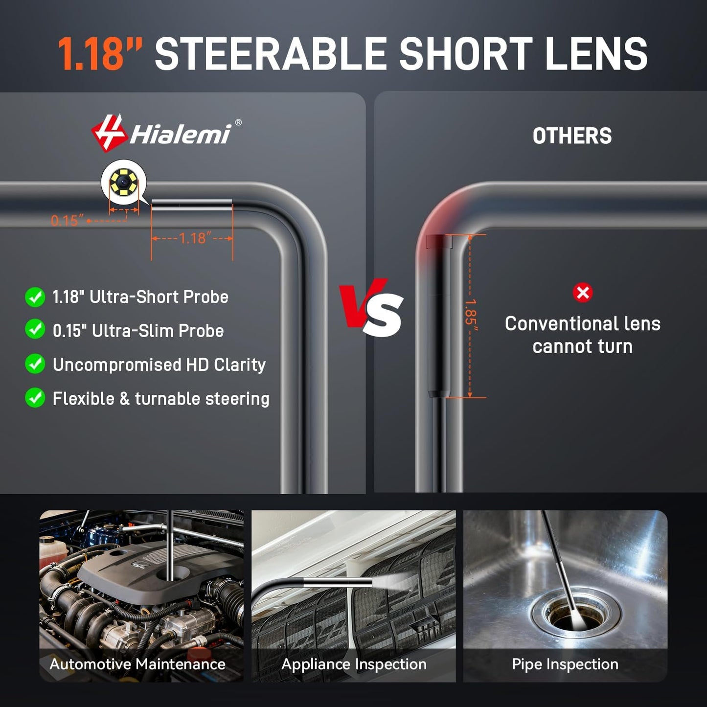 3.9mm Borescope Camera with Light, 5" Industrial Endoscope Camera | 3.9mm Ultra-Thin Probe, 5FT Semi-Rigid Snake, Built-In LED Flashlight for Engine, Automotive, Aircraft, Wall, Pipe Inspection