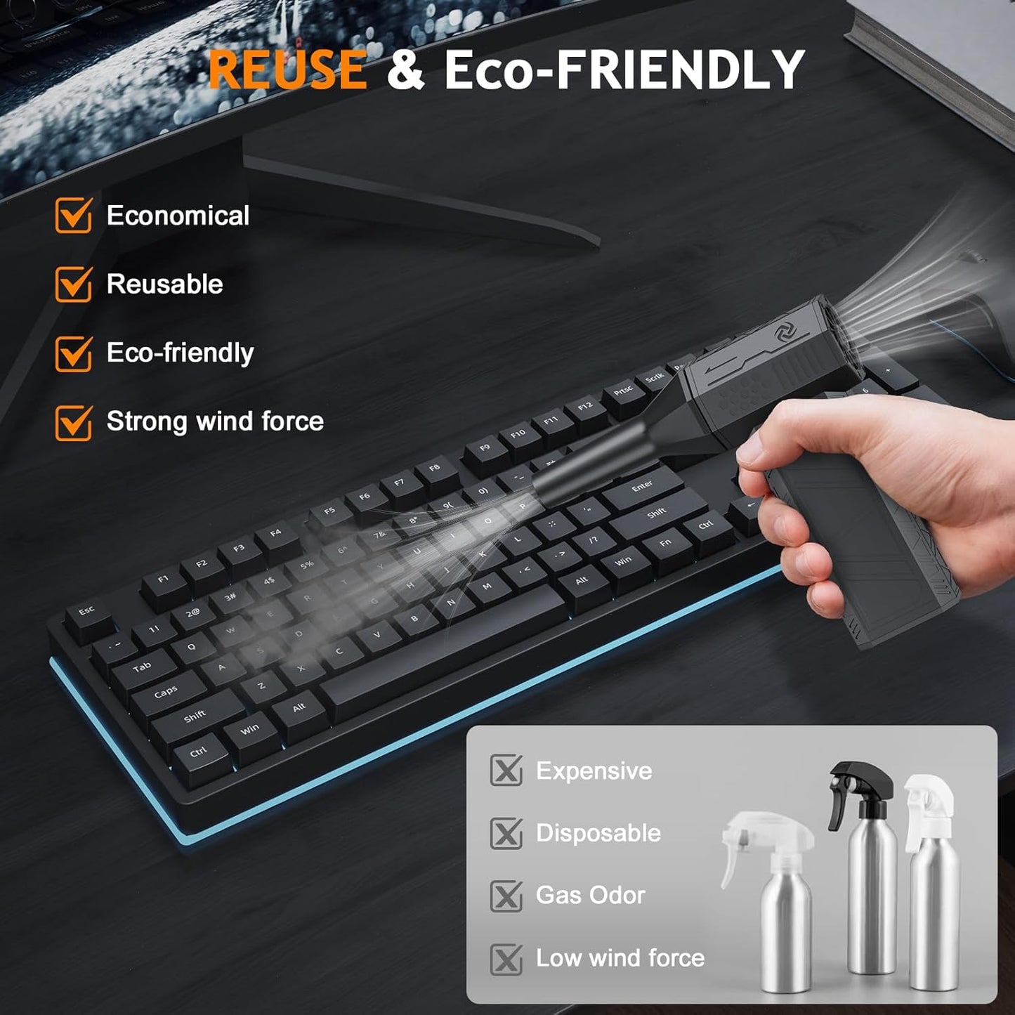 Compressed Air Duster - 180000RPM Powerful Electric Air Duster, 3 Gear Adjustable Cordless Air Blower, Rechargeable Dust Cleaner for Keyboard, Computer, Home, Outdoor, Car