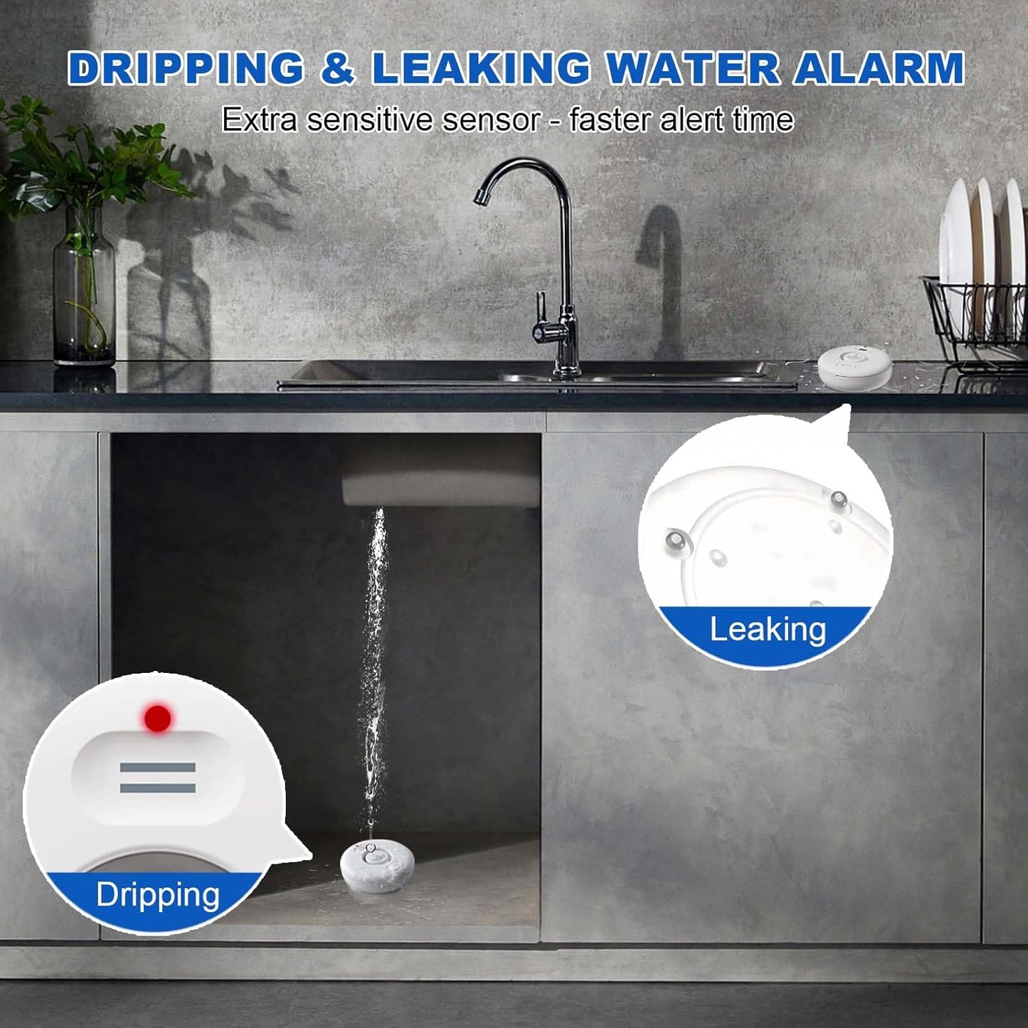WiFi Water Leak Detectors 5 Pack, 120dB Adjustable Loud Water Leak Sensor, Wireless Wi-Fi Water Leak & Drip Alarm, App Alerts, 5 Water Alarm Sensors & 1 Hub for Home Kitchen, Bathroom, Sink, Laundry