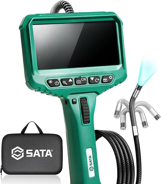 SATA Two-Way Articulating Borescope with Light, 210° Articulation, Industrial Endoscope Camera, IPS HD Display, Flexible Snake Probe for Automotive Engine, HVAC, Plumbing and Mechanical Inspection-5FT