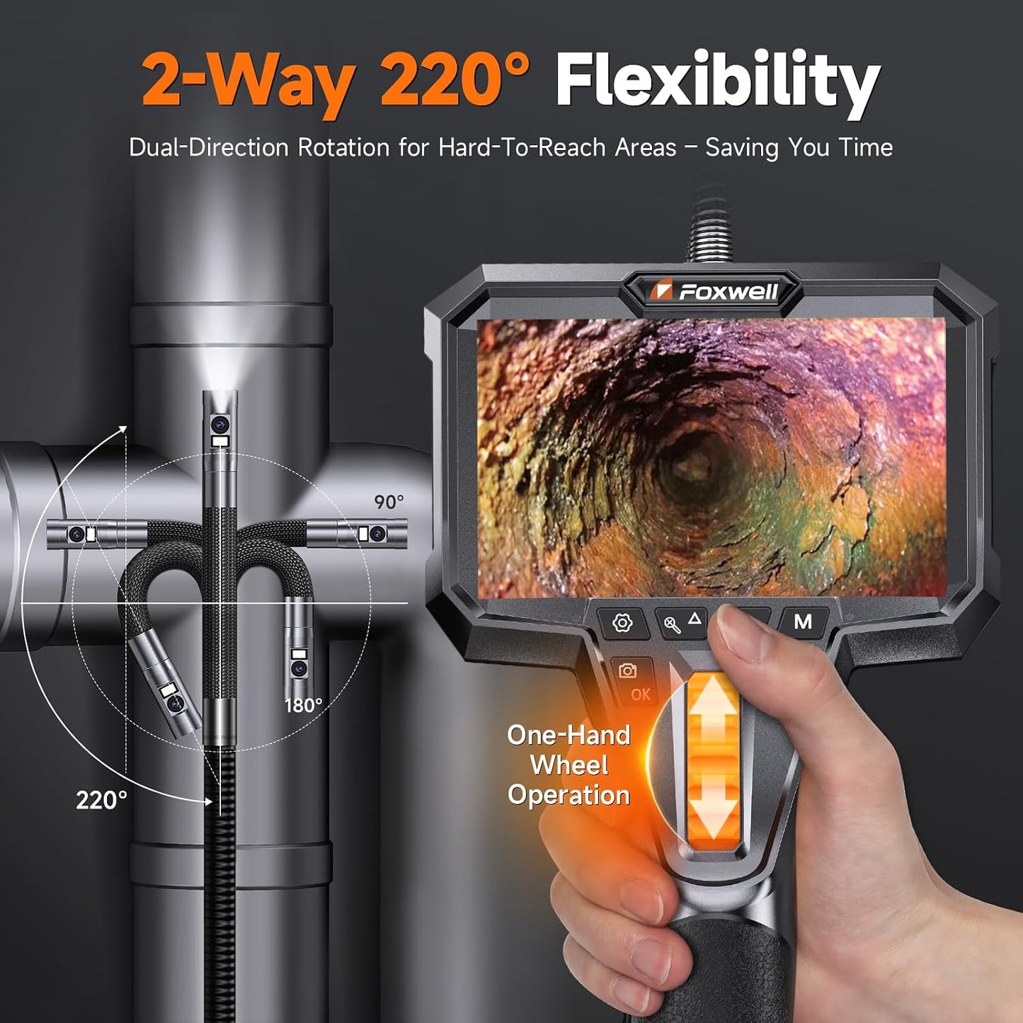 FOXWELL Dual Lens Two-Way Articulating Borescope, 1080P Endoscope Camera | with Light, IPS HD Screen, IP67 Waterproof, Flexible Semi-Rigid Snake Scope for Automotive Engine Pipe Home Inspection