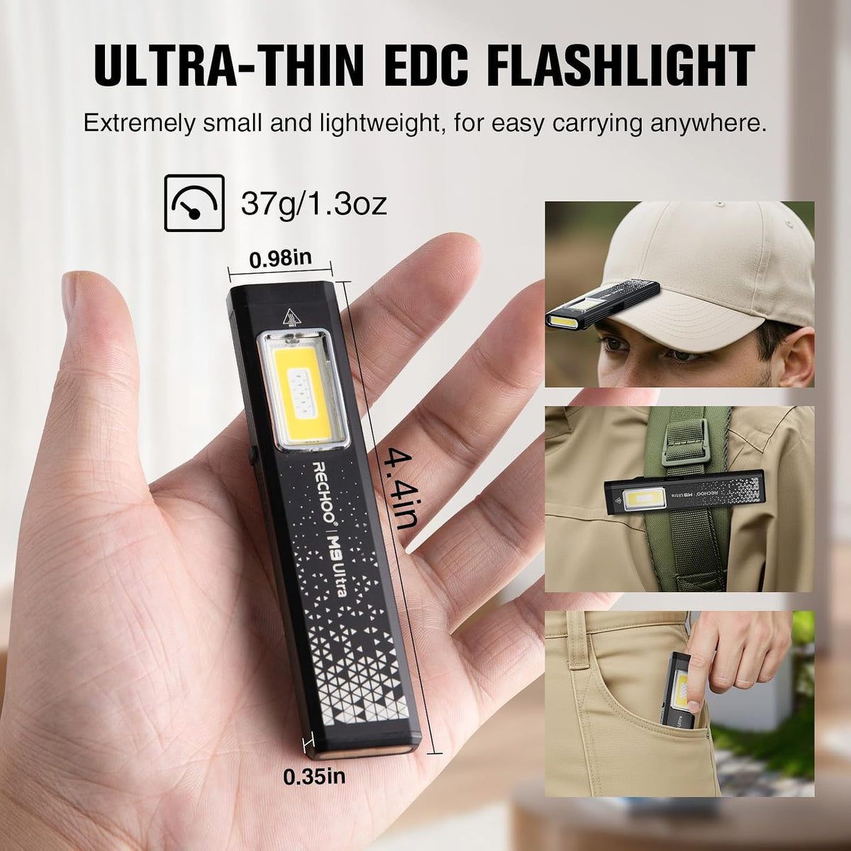 RECHOO Flat EDC Flashlight Rechargeable, 8-Mode Slim Pocket Flashlight with Magnetic Base & Clip, Lightweight Mini Rechargeable Flashlights for Home, Work, Camping, Car Repair & Emergencies