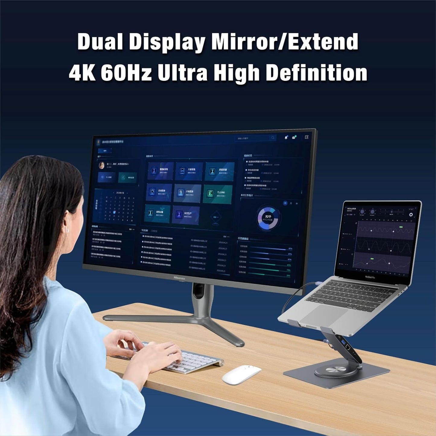 Laptop Docking Station Stand with Fan Aluminum Laptop Riser with USB-C Hub 11-IN-1 4K60Hz HDMI 100W PD Charging USB3.0 Ethernet Audio TF/SD, 360° Swivel, for MacBook Pro/Air, iPad Pro & Type-C Laptops
