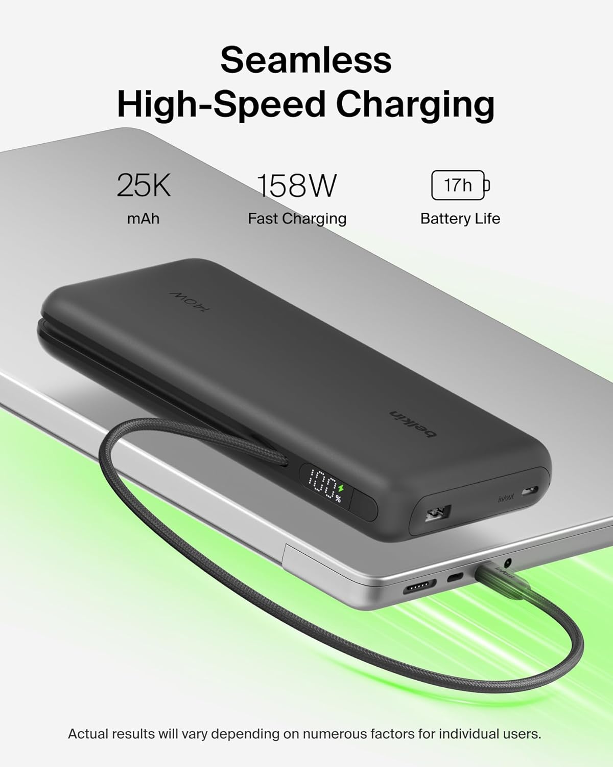 Belkin Portable Charger 25K, Power Bank with Integrated USB C Cable, 158W - Fast Charging Laptop Portable Battery Pack for MacBook Pro 14, iPhone 17 Series, iPad Pro, Galaxy S26, & More - Black