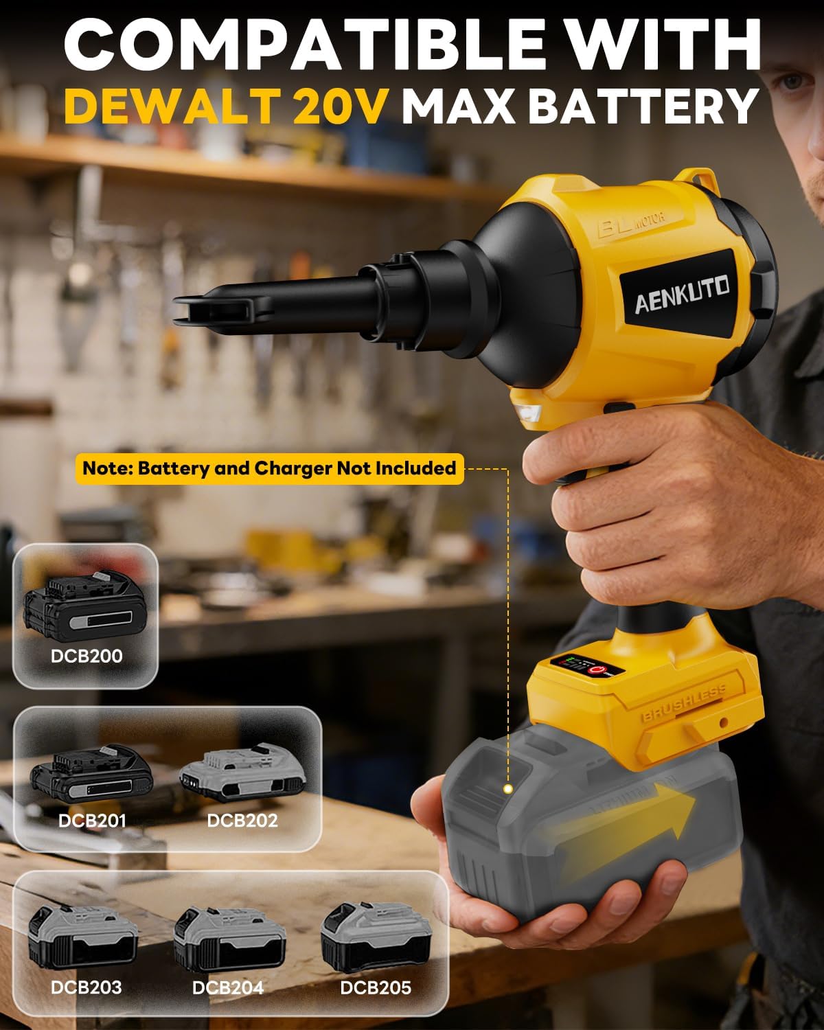 Cordless Compressed Air Duster & Blower Compatible with DeWalt 20V MAX Battery, Brushless Handheld Sawdust Blower, 3-Speed Control, LED Light, Portable Inflatable Pump for Camping (No Battery)