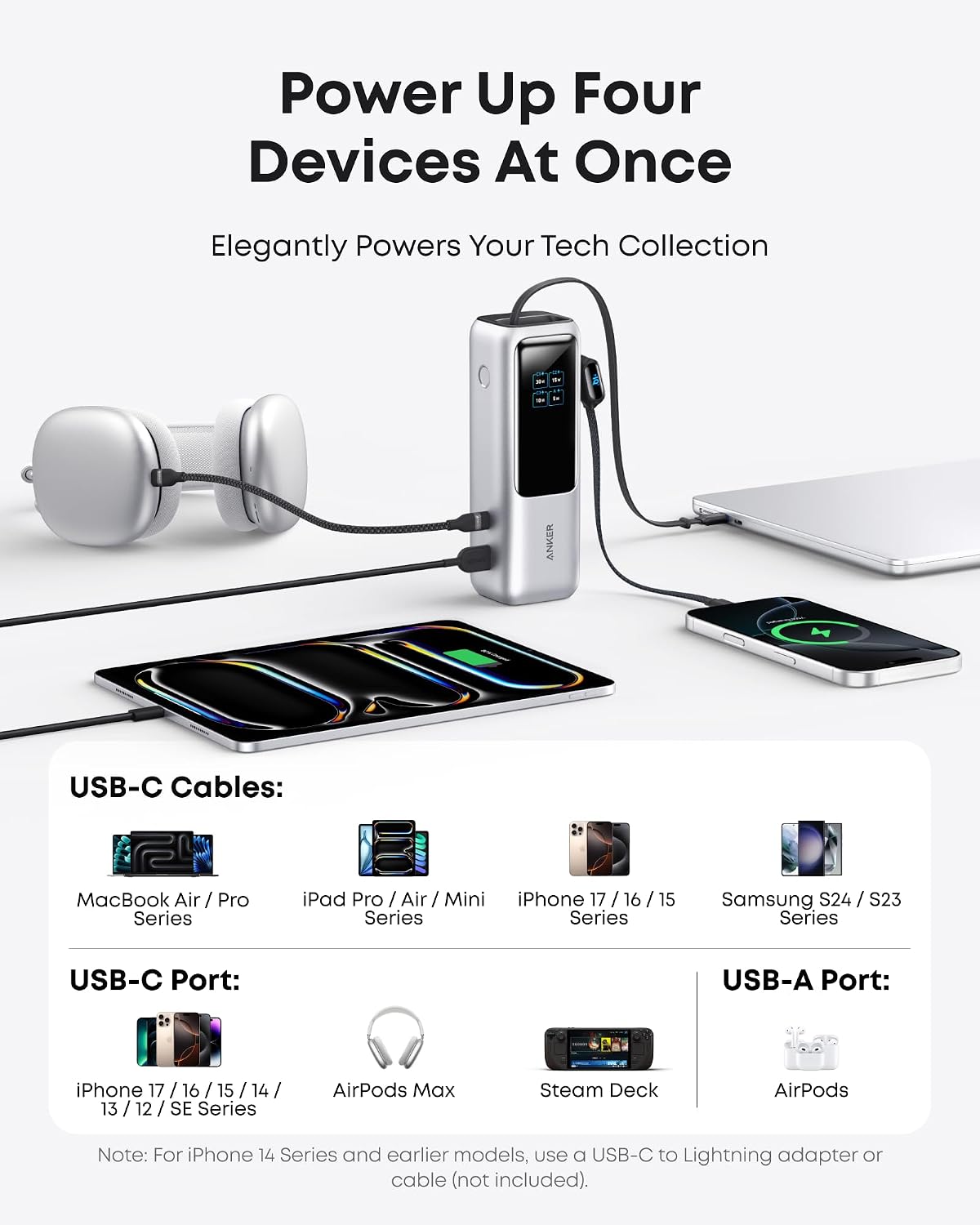 Anker Laptop Power Bank, 25,000mAh Travel Essential with 165W Total Output | 3 USB-C Ports with 100W Max Each, Built-In Retractable Cables, Flight-Ready, for iPhone 17 Series, MacBook, and More