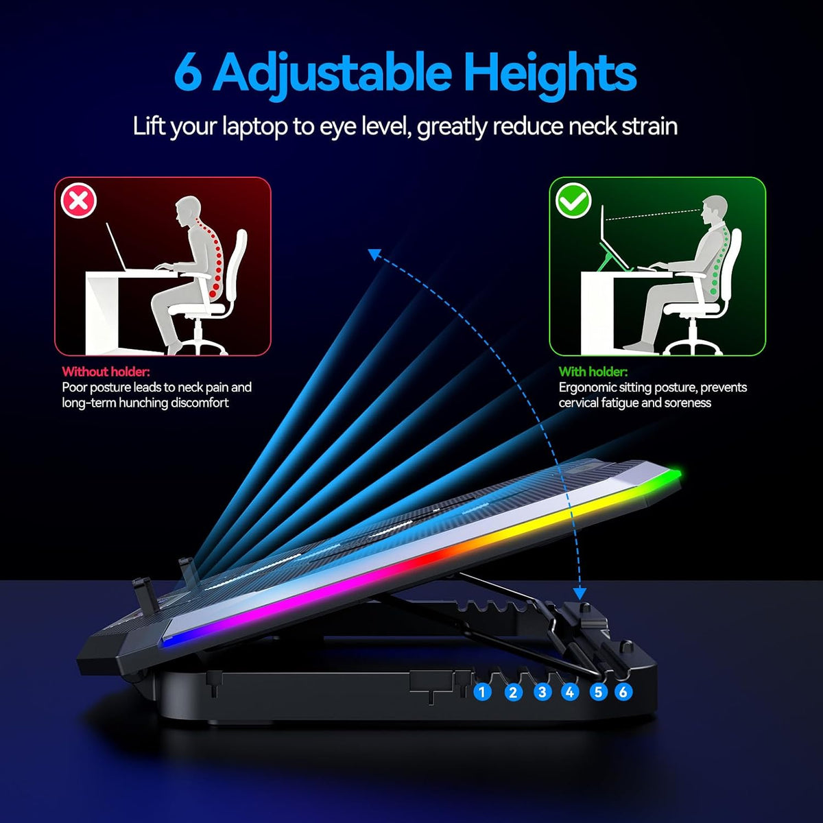 Gaming Laptop Cooling Pad with 8 Cooling Fans, Laptop Fan Cooler Pad for 15-17.3 Inch, Notebook Cooler Stand with 6 Height Adjustable, RGB Cooling Pad with Two USB Port + Phone Stand